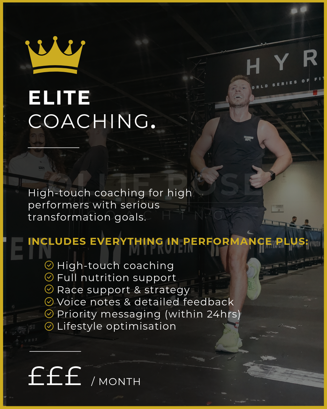 A man running on a treadmill at a fitness event, with a banner that says 'HYROX' in the background. The image advertises elite coaching services for high performers.