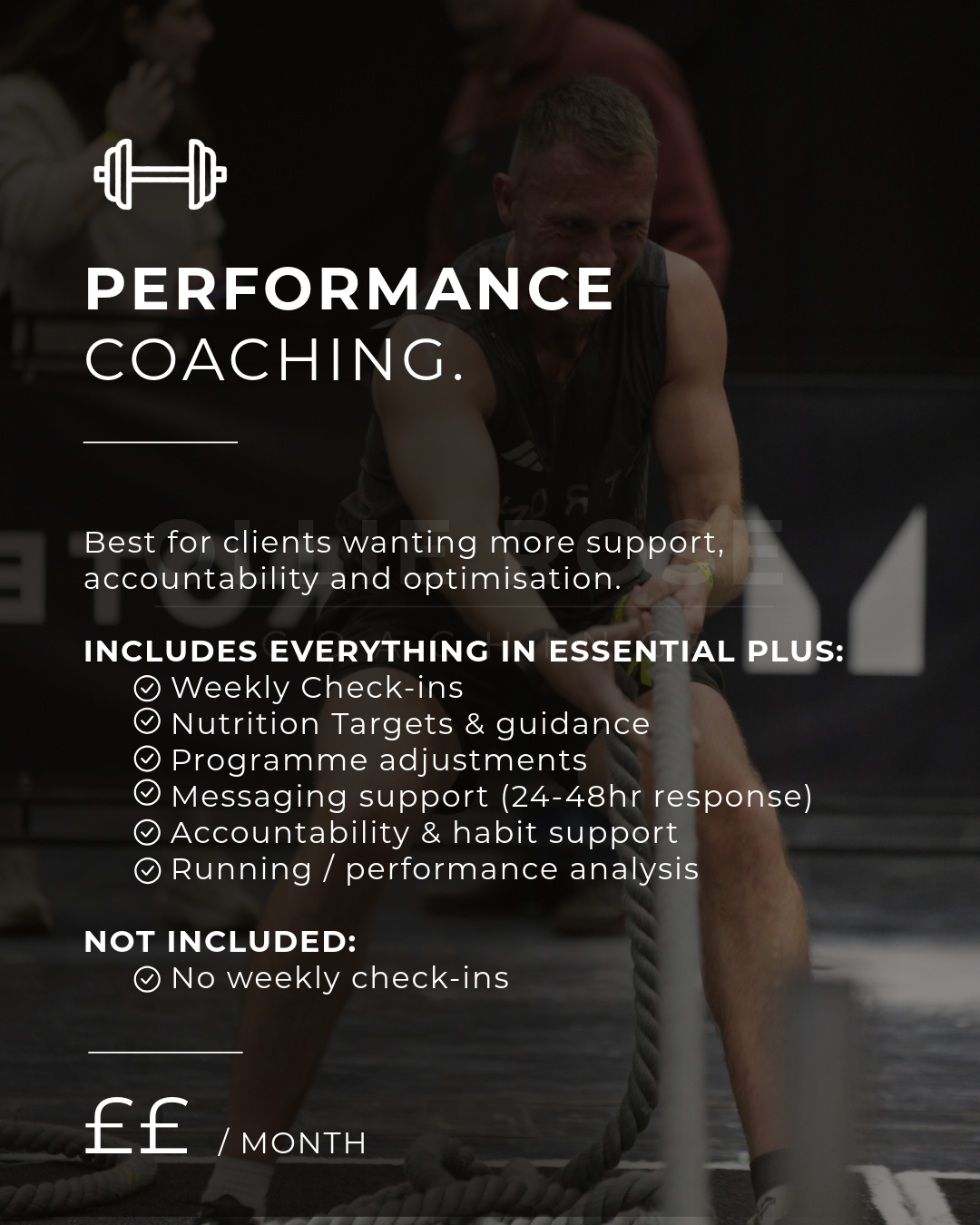 A promotional poster for performance coaching with a background image of a man exercising with battle ropes in a gym.