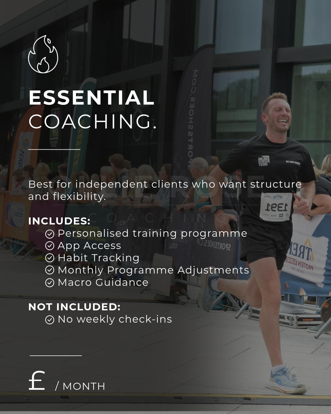A man running outdoors at a race event with a crowd and banners in the background, promoting essential coaching services.