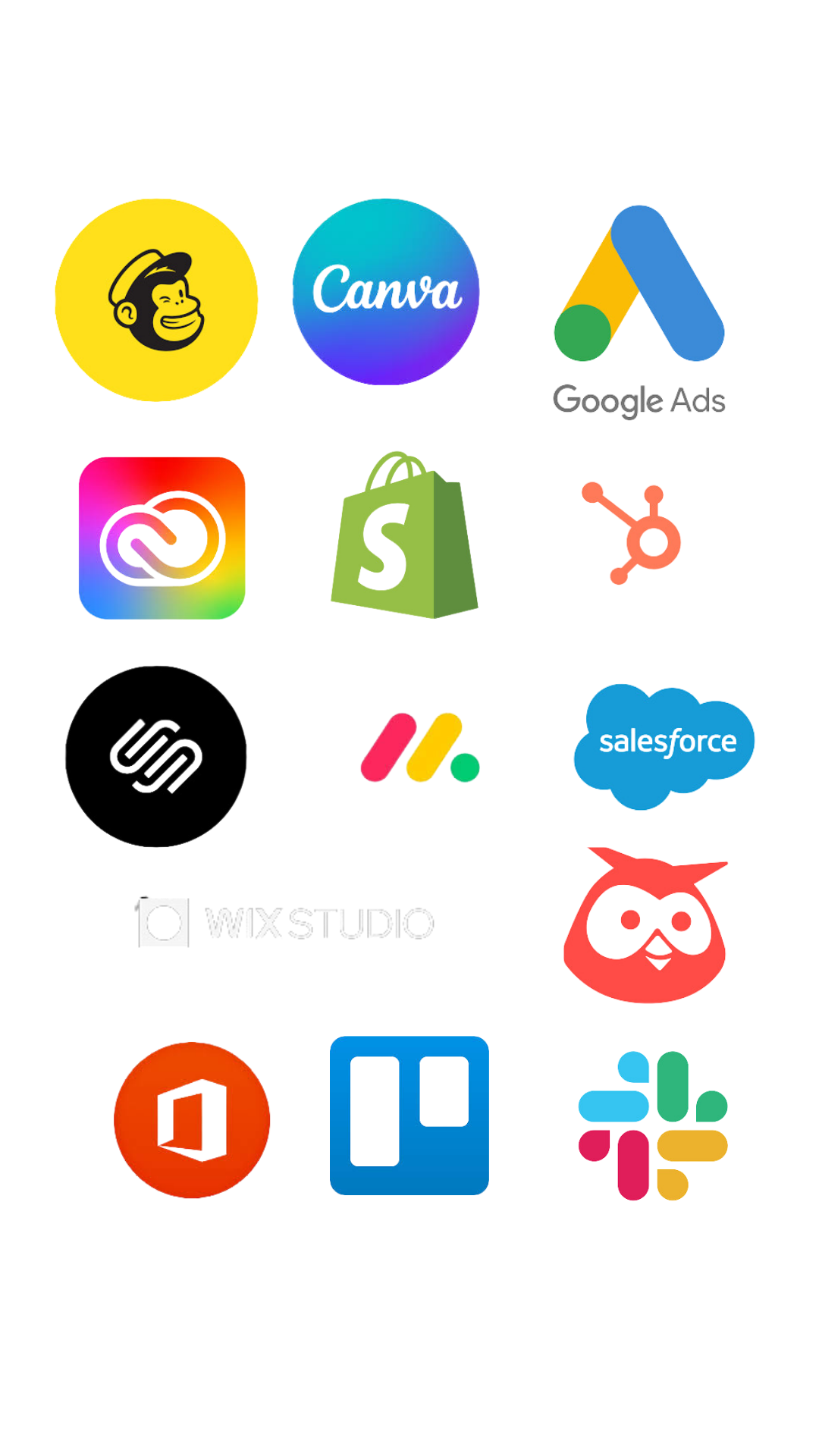 Logos of various business and marketing tools, including Mailchimp, Canva, Google Ads, Adobe Creative Cloud, Shopify, HubSpot, Squarespace, Monday.com, Salesforce, Hootsuite, Microsoft Office, Trello, and Slack.