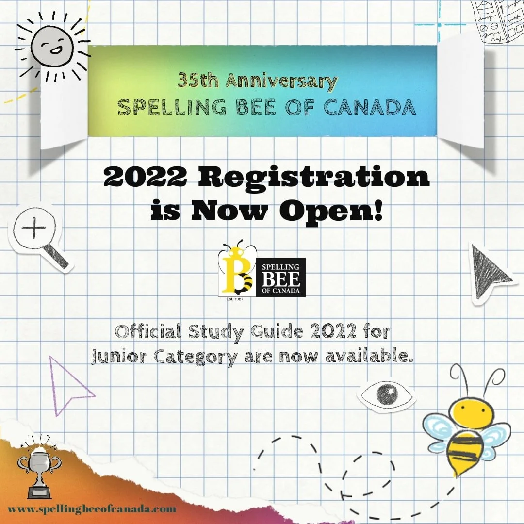 Spelling Bee of Canada 35th anniversary banner with 2022 registration announcement. Features decorative graphics of a bee, eye, magnifying glass, and trophy. Website link included: www.spellingbeeofcanada.com.