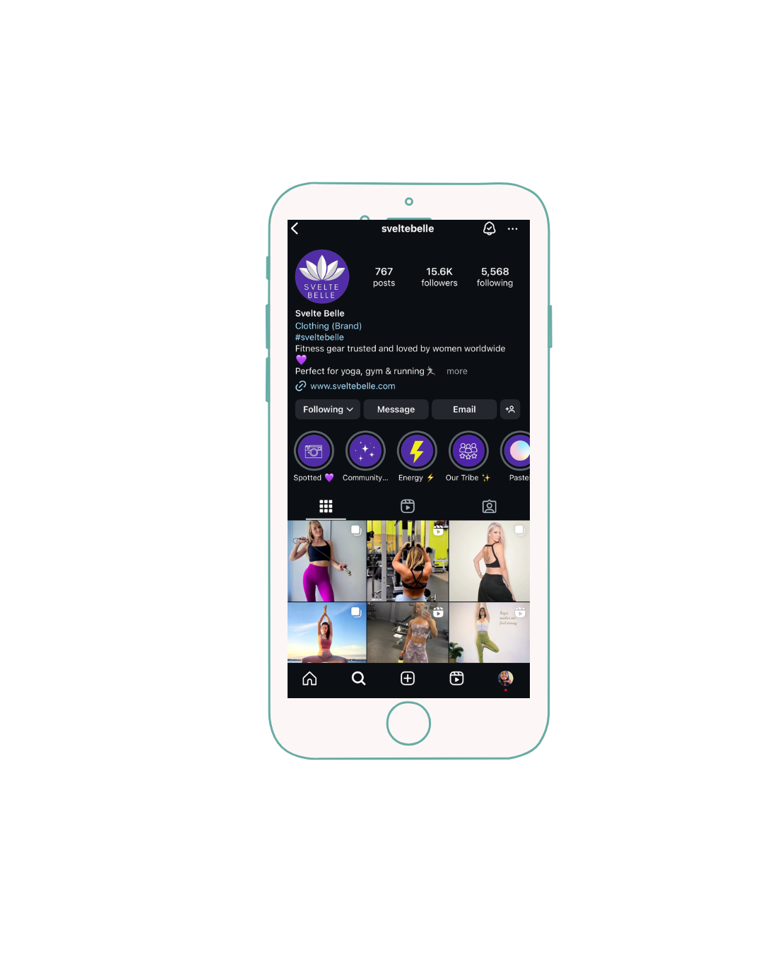 Image of a smartphone displaying an Instagram profile for a fitness brand called Svelte Belle. The profile showcases various fitness-related posts, highlighting exercises and fitness gear. The account has 767 posts, 15.6K followers, and 5,568 following. It features profile highlights and grid posts on the screen.