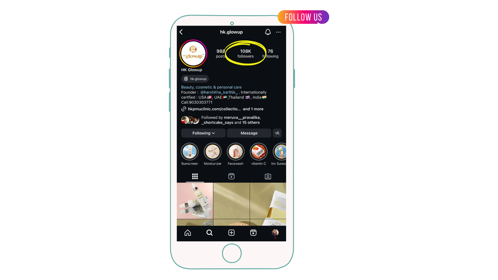 Smartphone displaying an Instagram profile of a beauty brand with 108K followers, featuring skincare highlights and a colorful 'Follow Us' button.