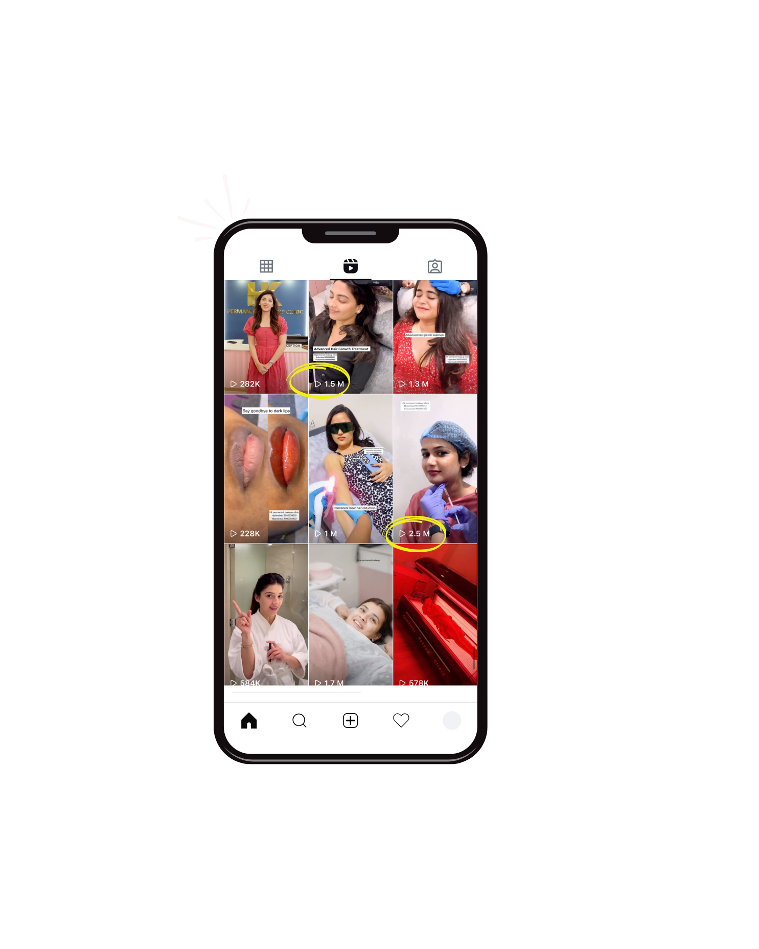 A smartphone screen showing a grid of social media video thumbnails with various people. Some videos have view counts ranging from 228K to 2.5M displayed in small text within the thumbnails. The user interface features icons for navigation at the bottom.