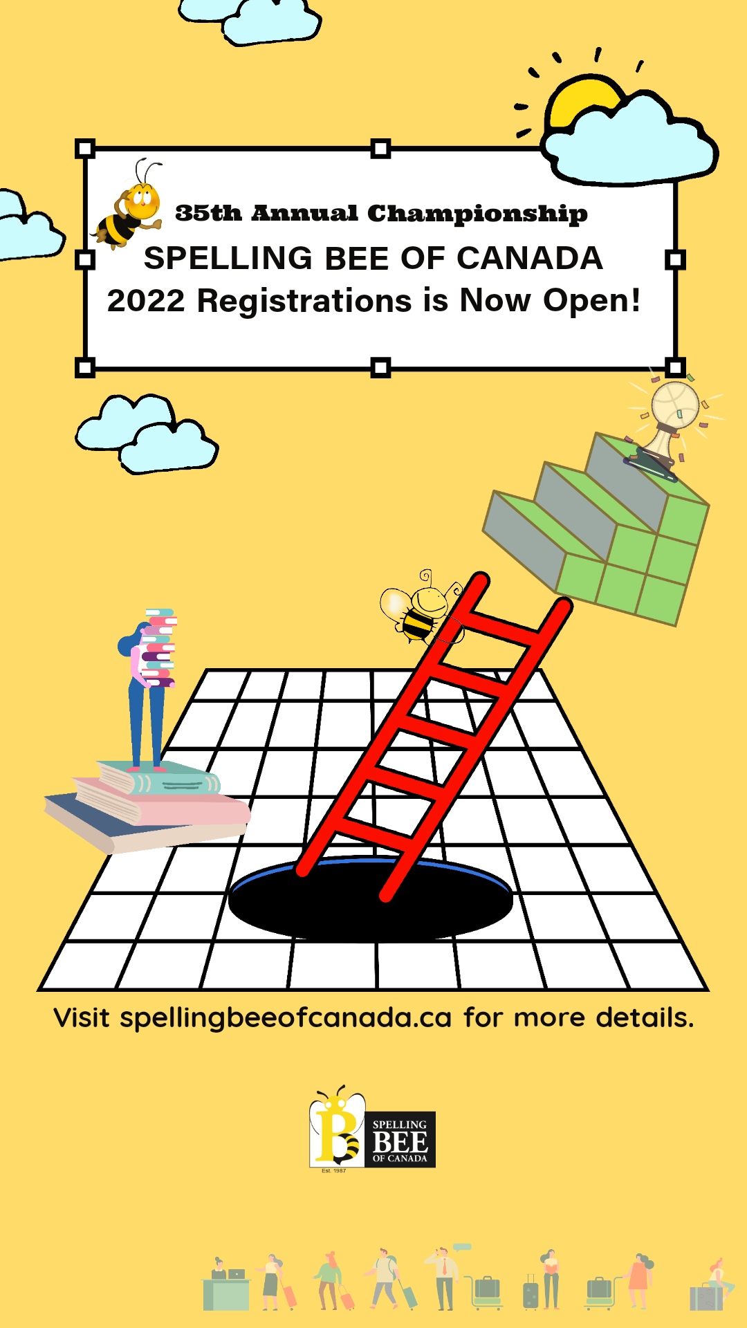 Spelling Bee of Canada 2022 registration poster, featuring a bee, ladder, books, and a grid. Includes website URL for more details.