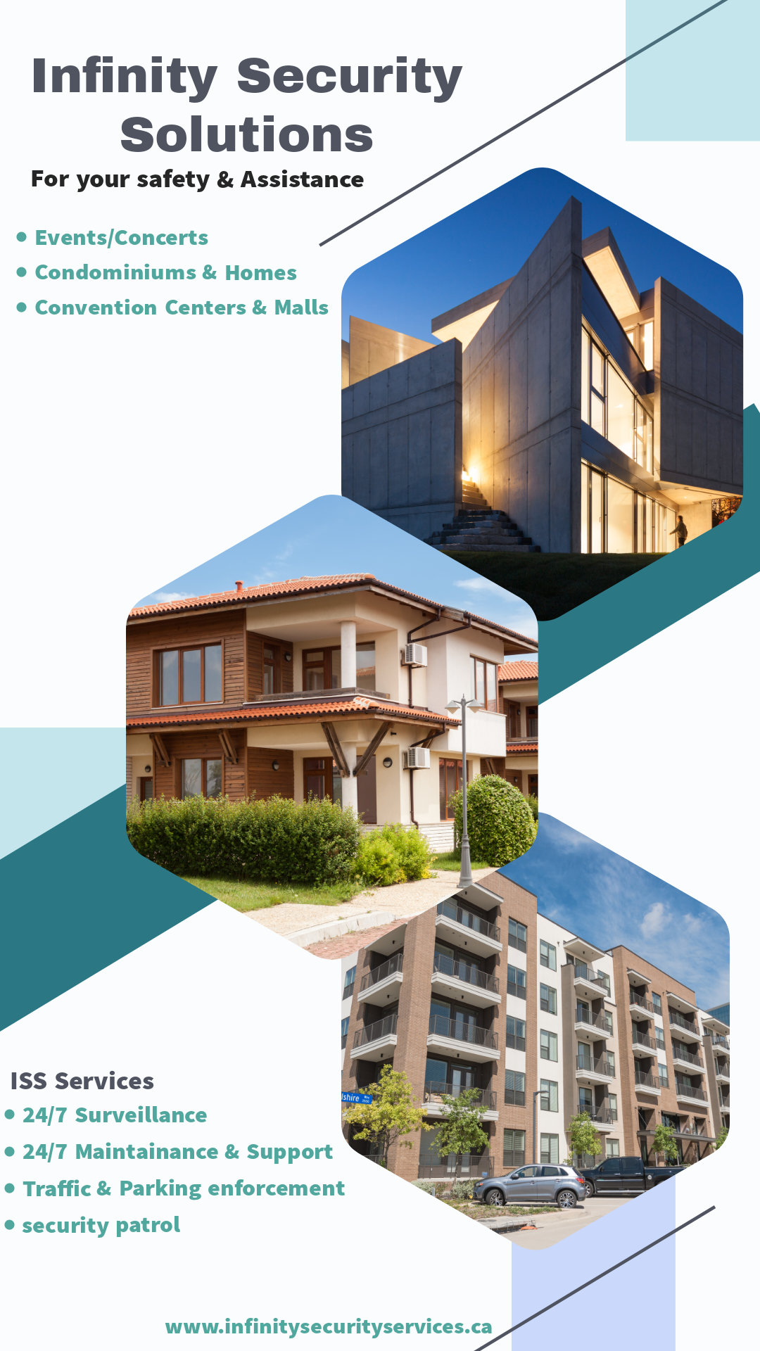 Promotional flyer for Infinity Security Solutions, showcasing services for events, condominiums, homes, convention centers, and malls. Features images of modern buildings and offers 24/7 surveillance, maintenance, support, traffic, parking enforcement, and patrol services. Website: www.infinitysecurityservices.ca.
