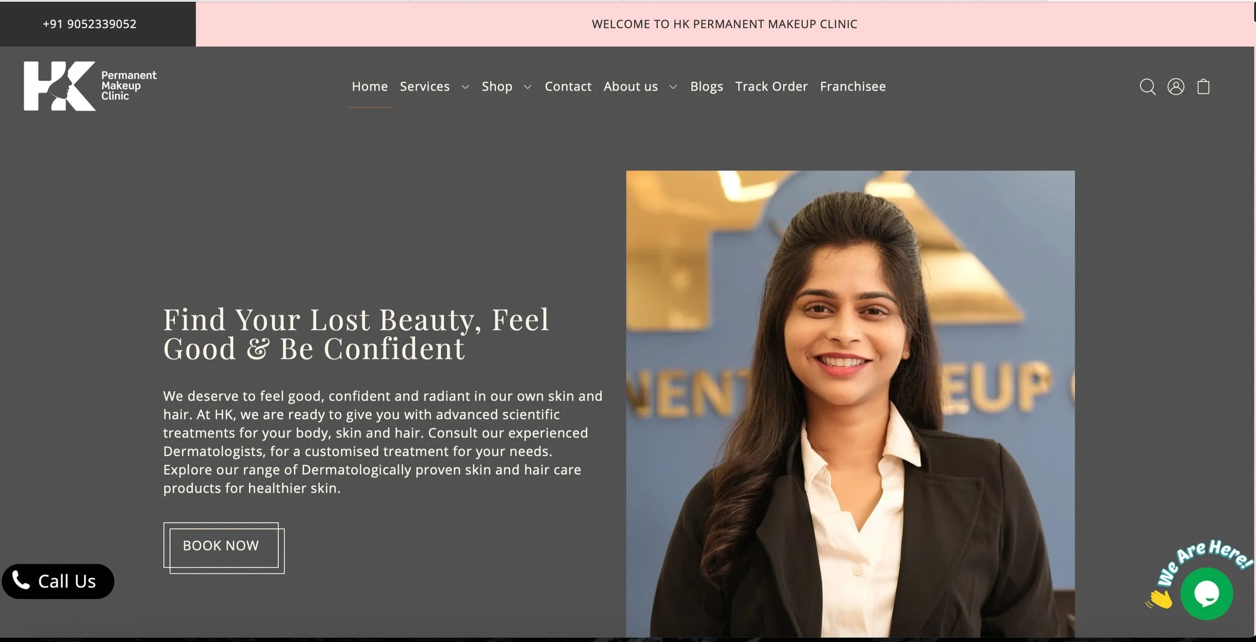 Website homepage of HK Permanent Makeup Clinic featuring navigation menu, phone number, and welcome message. Includes a promotional text about beauty treatment services and a 'Book Now' button. Image of a smiling woman on the right side.