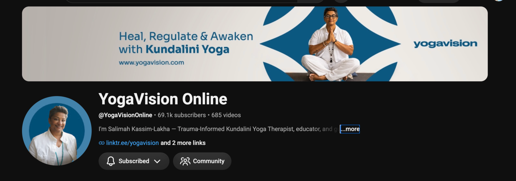 YouTube channel banner for YogaVision Online featuring a woman in white yoga attire sitting cross-legged with hands in prayer pose, surrounded by blue decorative leaves, with the text 'Heal, Regulate & Awaken with Kundalini Yoga' and the website www.yogavision.com. Profile picture of the same woman smiling in white attire, with the channel name and subscriber count below.