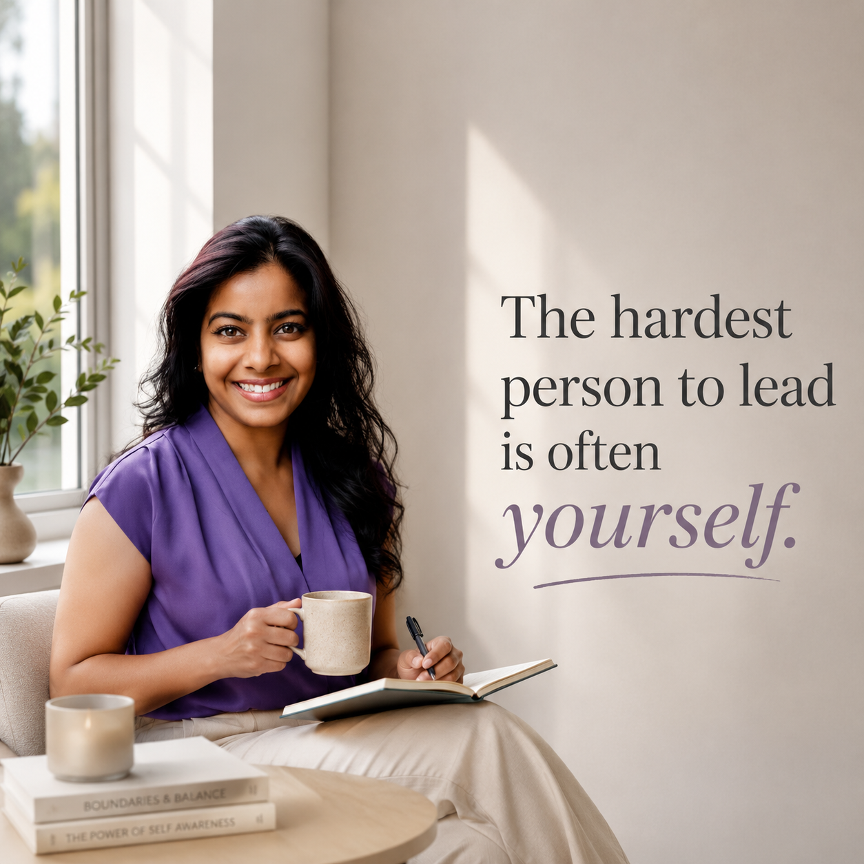 A woman with dark hair, wearing a purple top, sitting indoors near a window, smiling, holding a mug and a pen, with a notebook in her lap. A potted plant is on the windowsill. A table with books, including "Boundaries & Balance" and "The Power of Sel