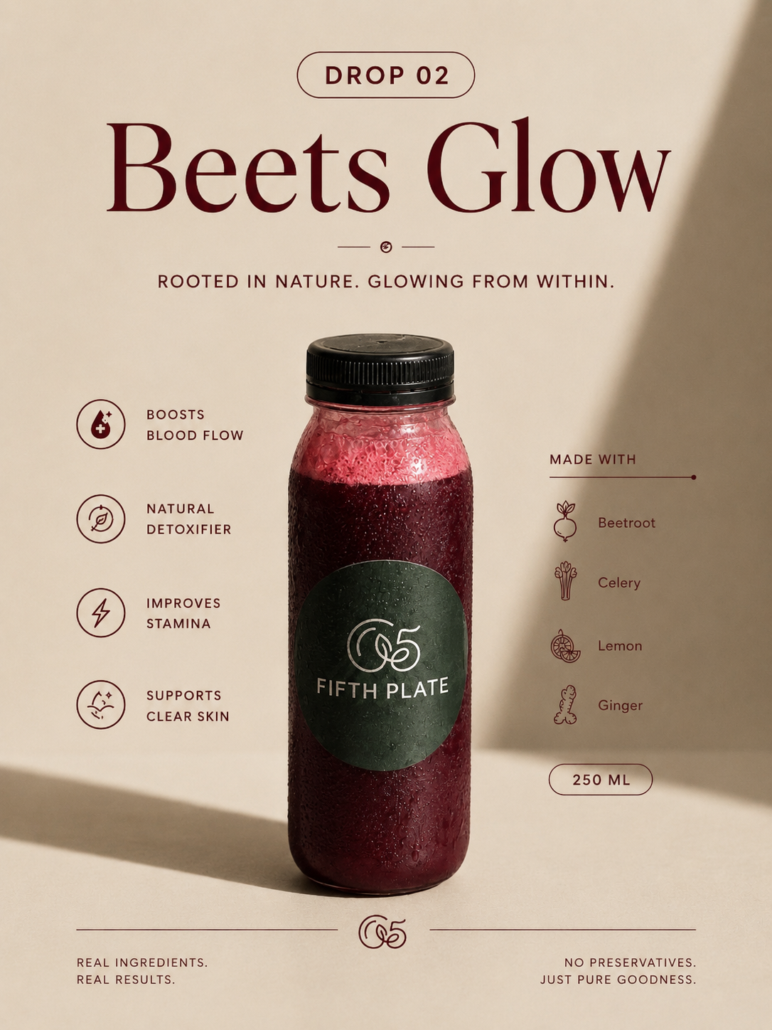 A promotional poster for Beets Glow, a beetroot-based juice by Fifth Plate, highlighting its benefits such as boosting blood flow, natural detoxification, improving stamina, and supporting clear skin, with ingredients listed as beetroot, celery, lemo