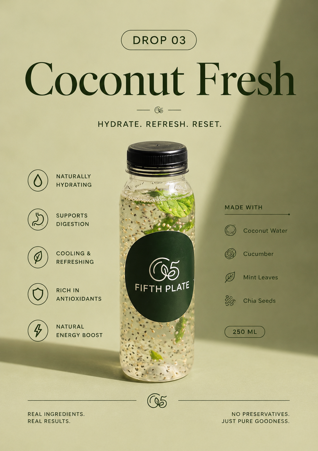 A promotional poster for a coconut water beverage called Fifth Plate. It features a transparent bottle with chia seeds, cucumber slices, and mint leaves inside. The poster highlights benefits such as hydration, digestion support, cooling, antioxidant