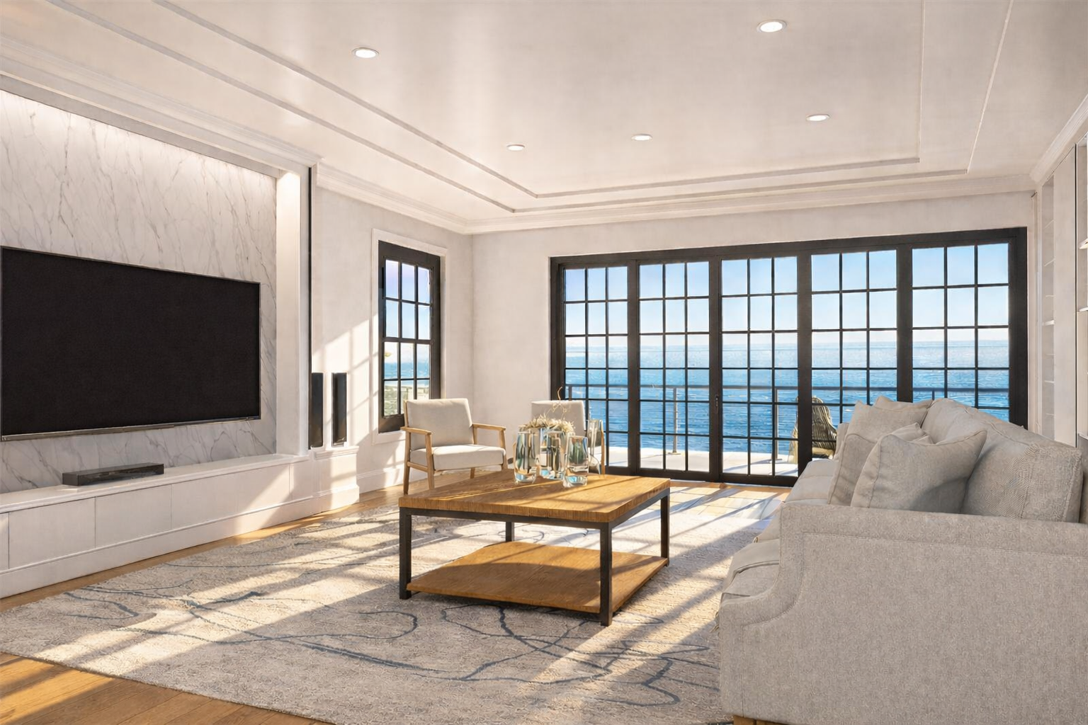 A modern living room with a large balcony or window featuring a blue ocean view. The room has a flat-screen TV on the wall, two white armchairs, a gray couch, a wooden coffee table with bottles and glasses, a patterned rug, and recessed ceiling light