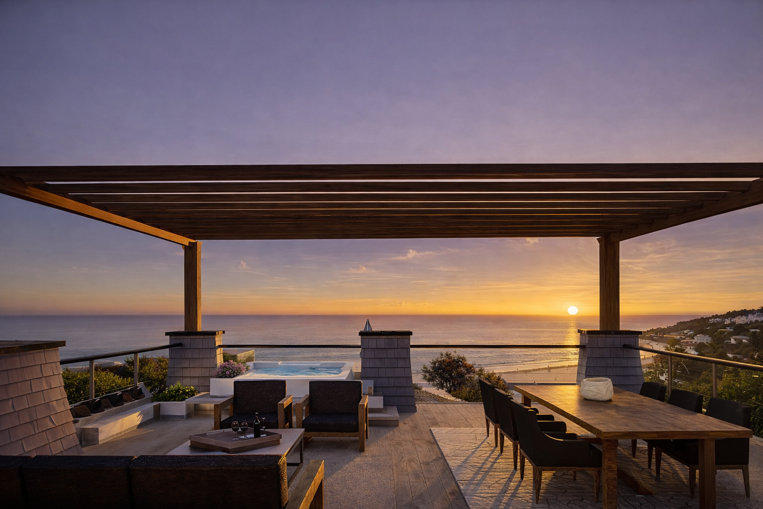 Empty outdoor patio with outdoor furniture, hot tub, and view of the ocean at sunset.