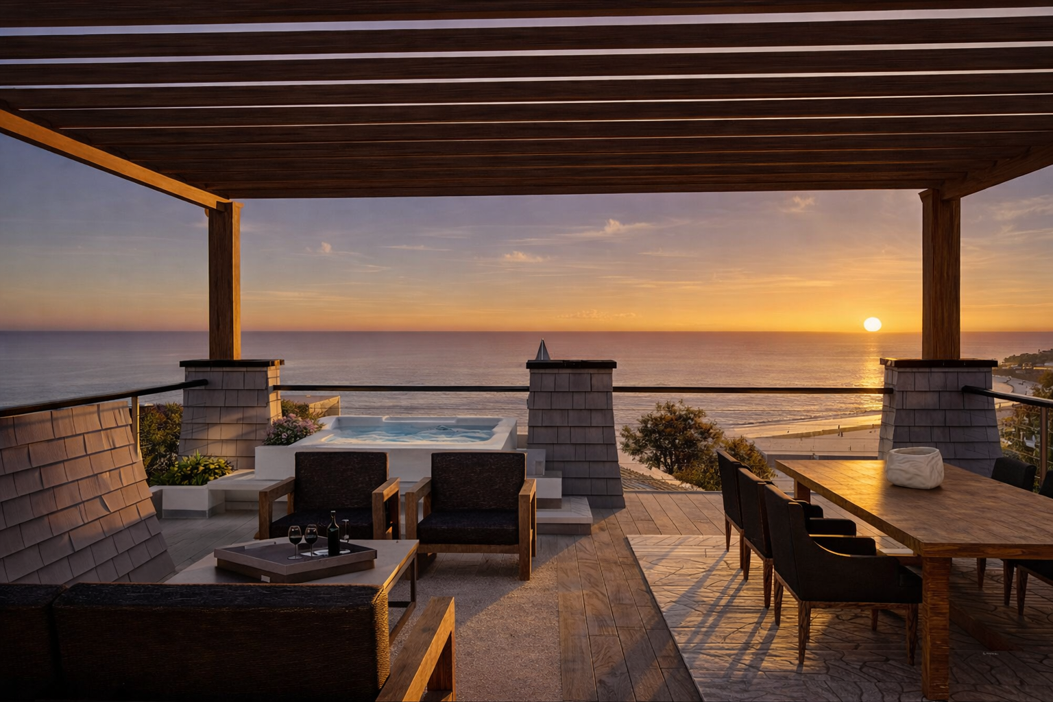 View of a balcony overlooking the ocean at sunset, with outdoor furniture, a hot tub, and a wooden roof covering.