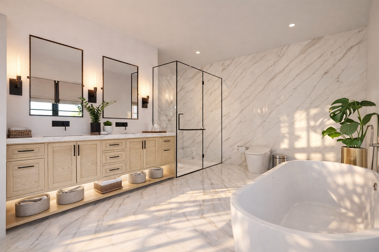 Modern bathroom with marble floors and walls, a large bathtub, a wooden vanity with two mirrors, a glass shower enclosure, and green plants for decor.