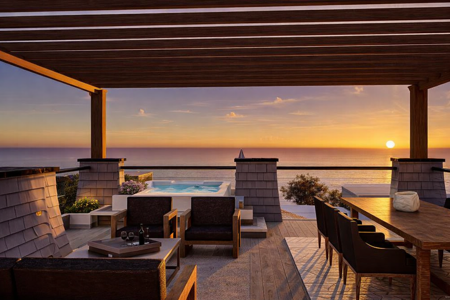 A spacious outdoor patio overlooking the ocean at sunset, featuring a hot tub, a dining table with chairs, and cozy seating with drinks, under a wooden pergola.
