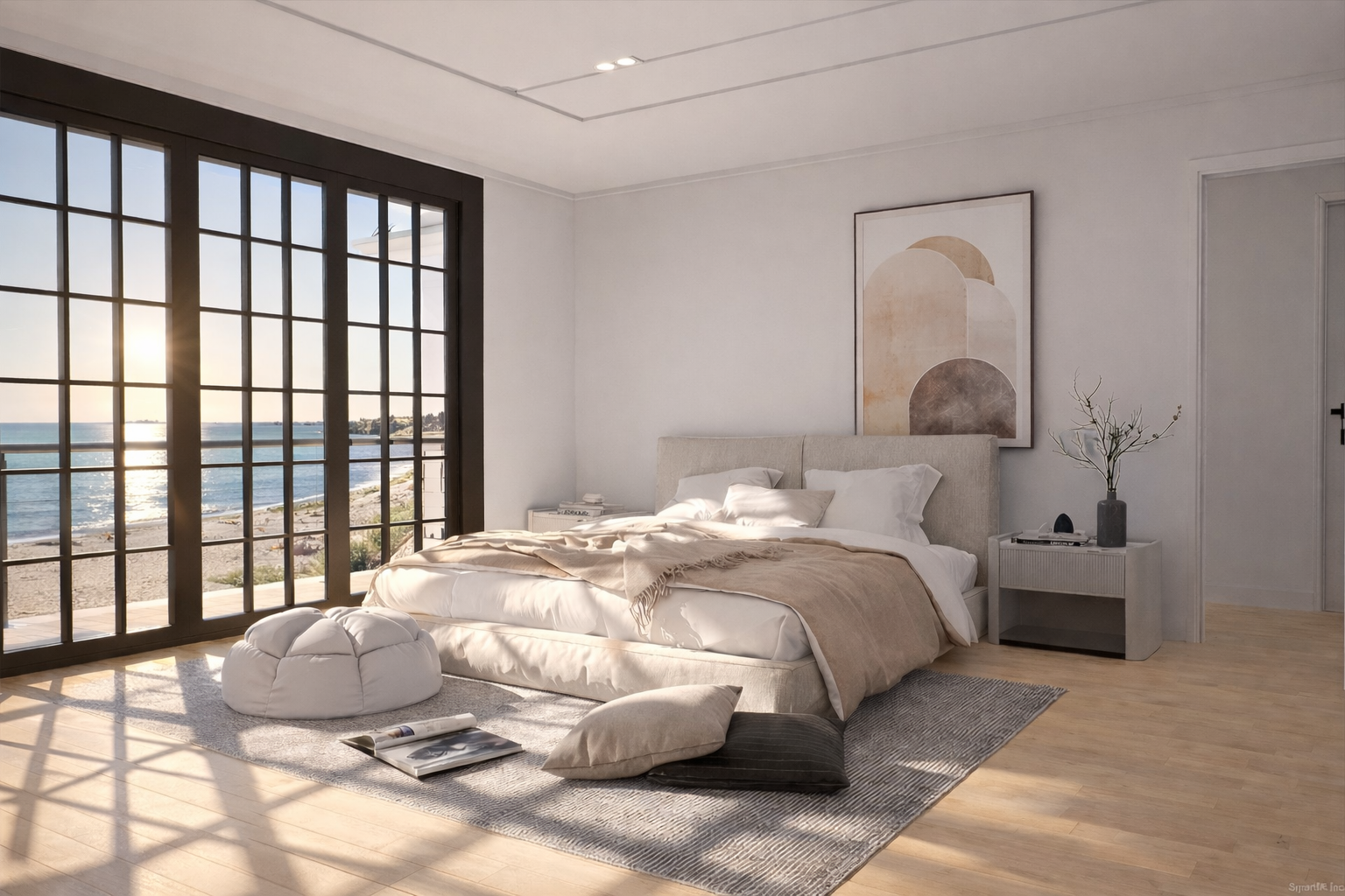 Bright bedroom with a large bed, beige bedding, and white pillows, positioned near a massive window offering a view of the ocean and beach, decorated with modern artwork and minimalistic furniture.