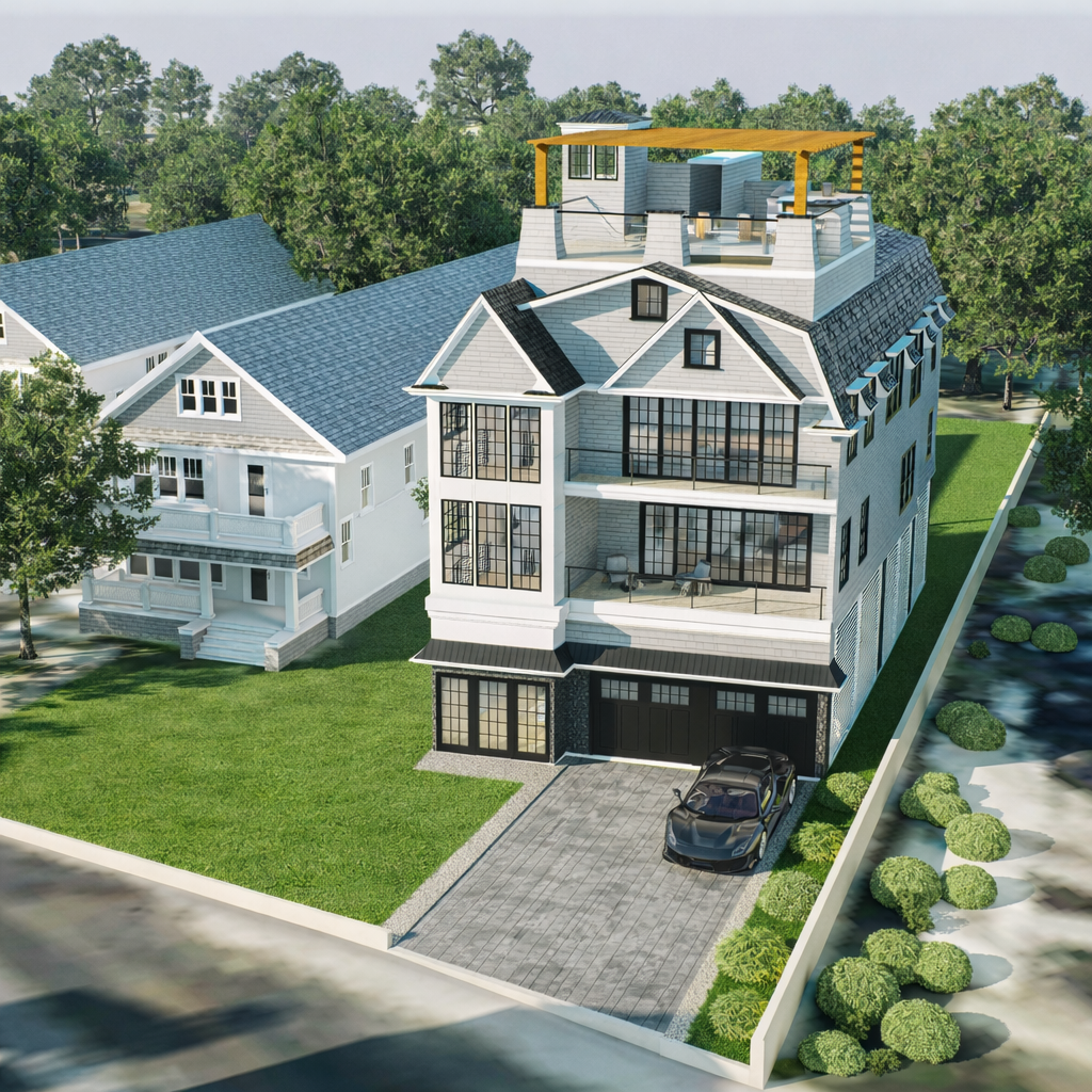 A modern multi-story house with large glass balconies, a rooftop deck under construction, a driveway with a black sports car, and landscaped yard next to a water feature with round bushes.