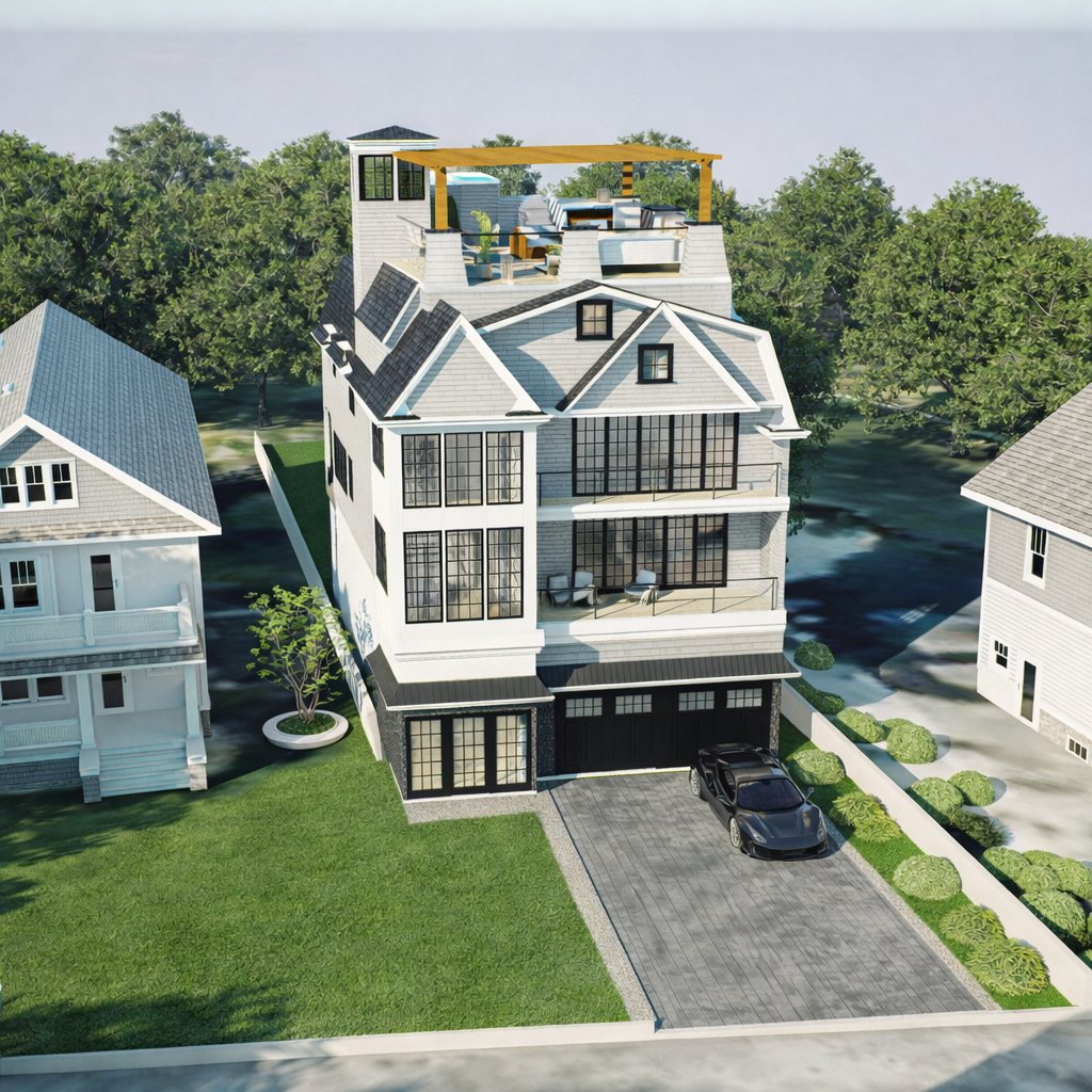 A modern four-story house with large windows, a rooftop deck with outdoor furniture, and a garage with a black car parked in front. The house is surrounded by neighboring homes and greenery.