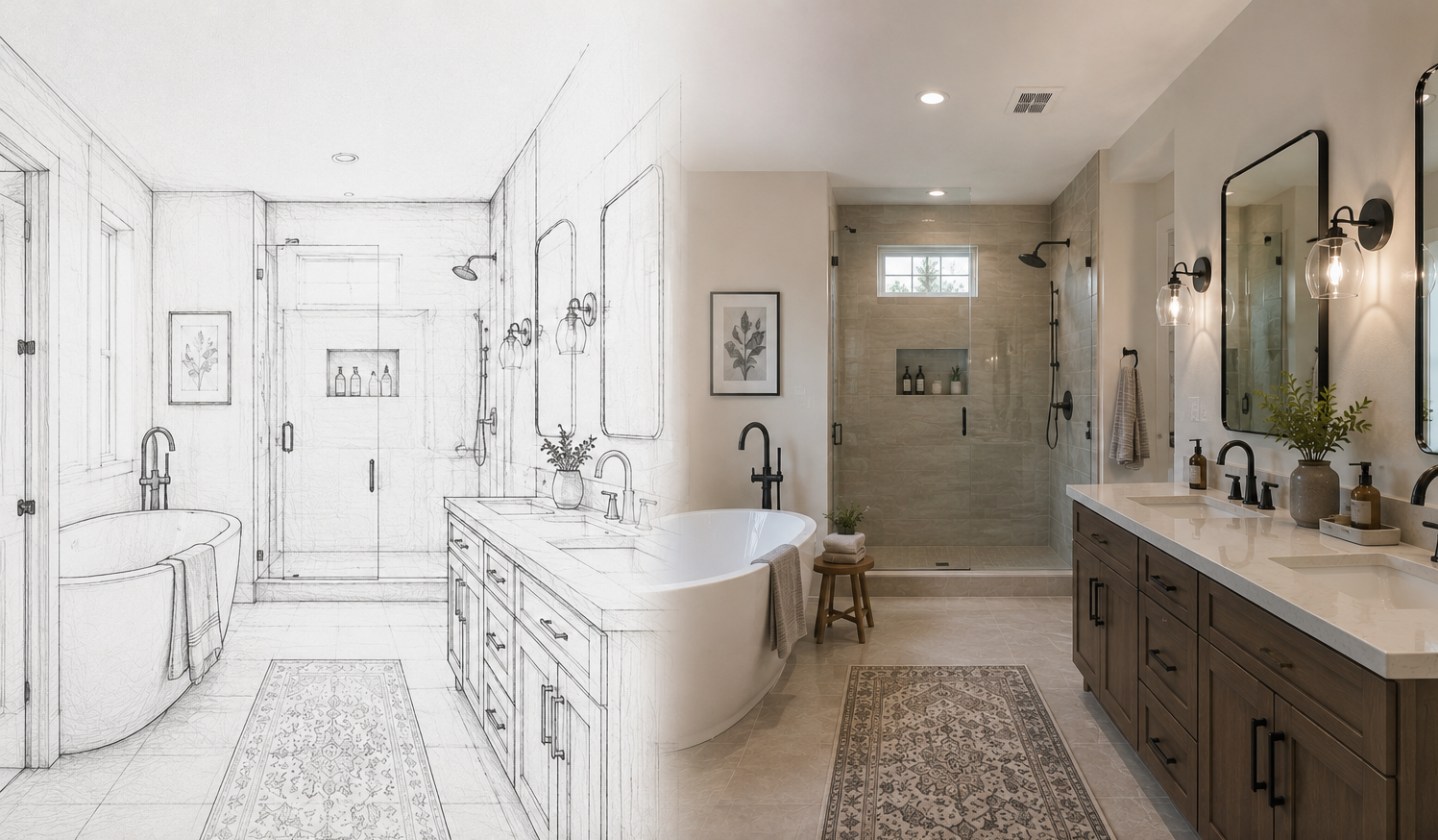 Split view of a bathroom, left half is a sketch outline, right half is a finished, modern bathroom with a freestanding bathtub, double vanity, walk-in shower, and natural light.
