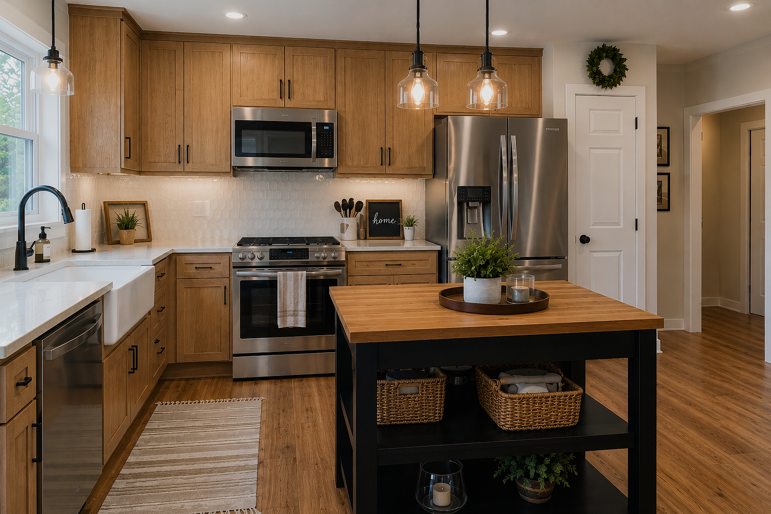 Modern kitchen with wooden cabinets, stainless steel appliances, a black kitchen island with baskets underneath, and a window with outdoor view.