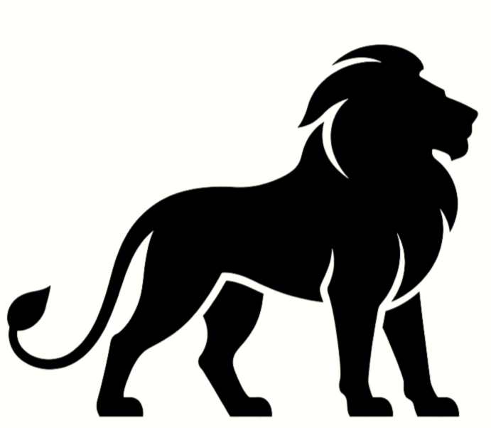Silhouette of a lion with a mane, standing on all fours, facing right.