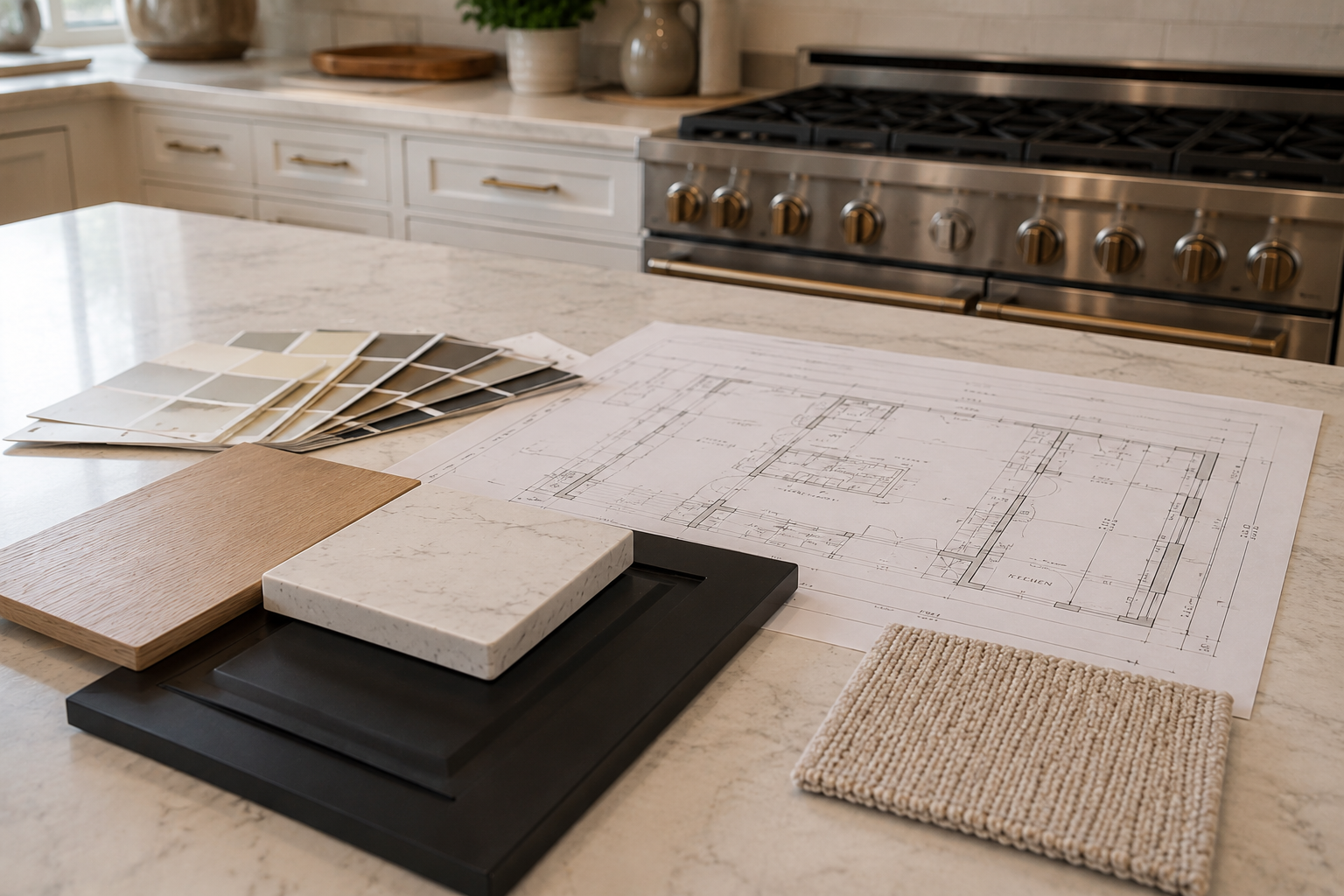 Kitchen countertop with color swatches, sample materials, and blueprints for a home renovation project.