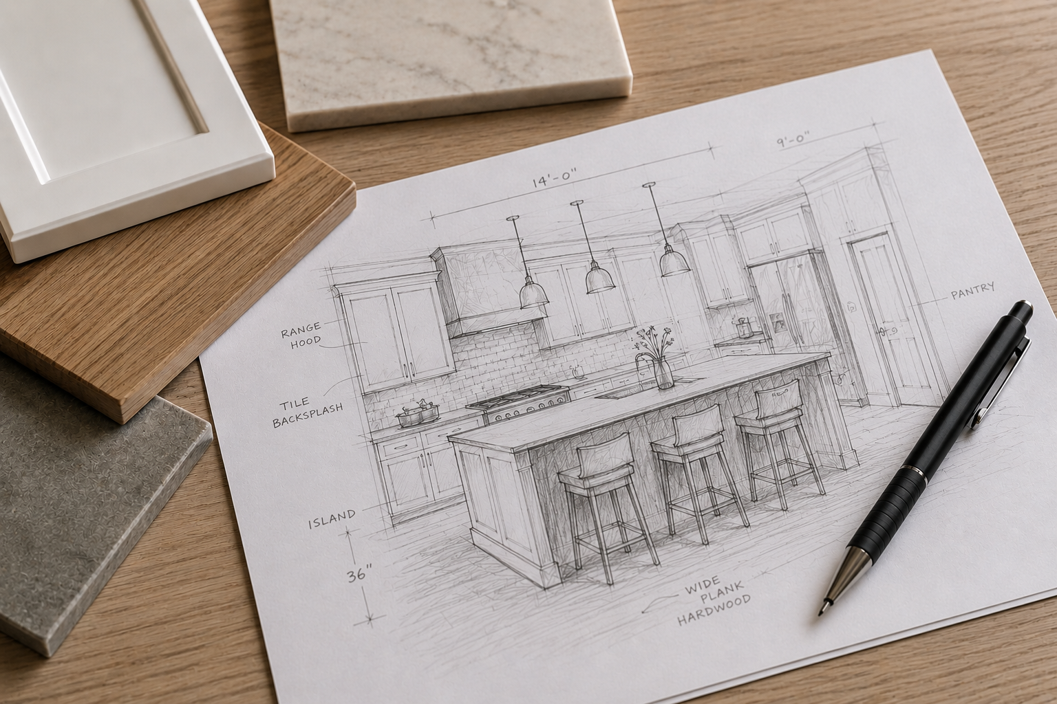 Kitchen design sketch with labels for cabinets, island, and appliances surrounded by sample materials and a pen.