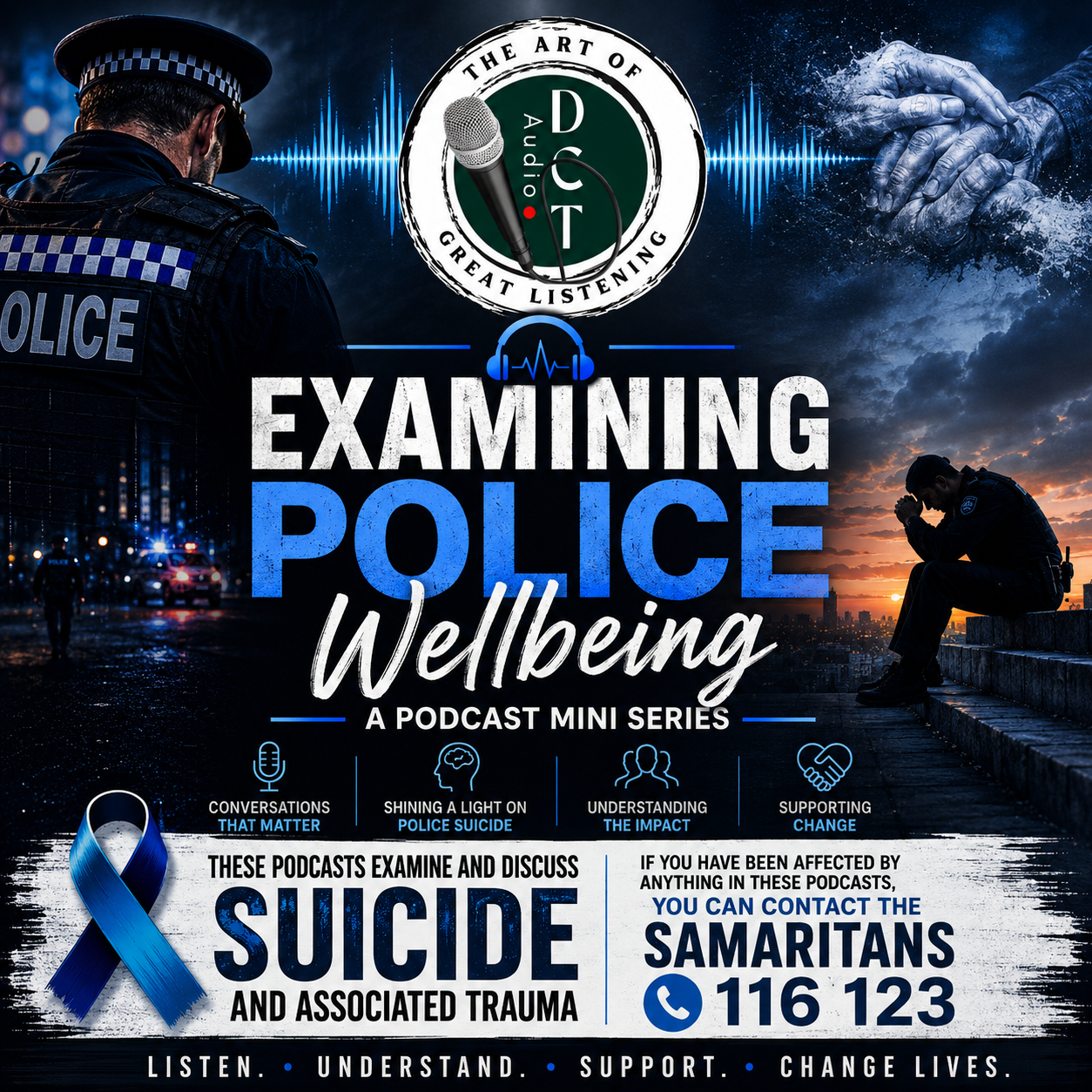 Poster for a podcast mini-series titled 'Examining Police Wellbeing,' featuring themes of police conversations, understanding impact, shining light on police suicide, and supporting change, with contact information for crisis support and mental health resources.