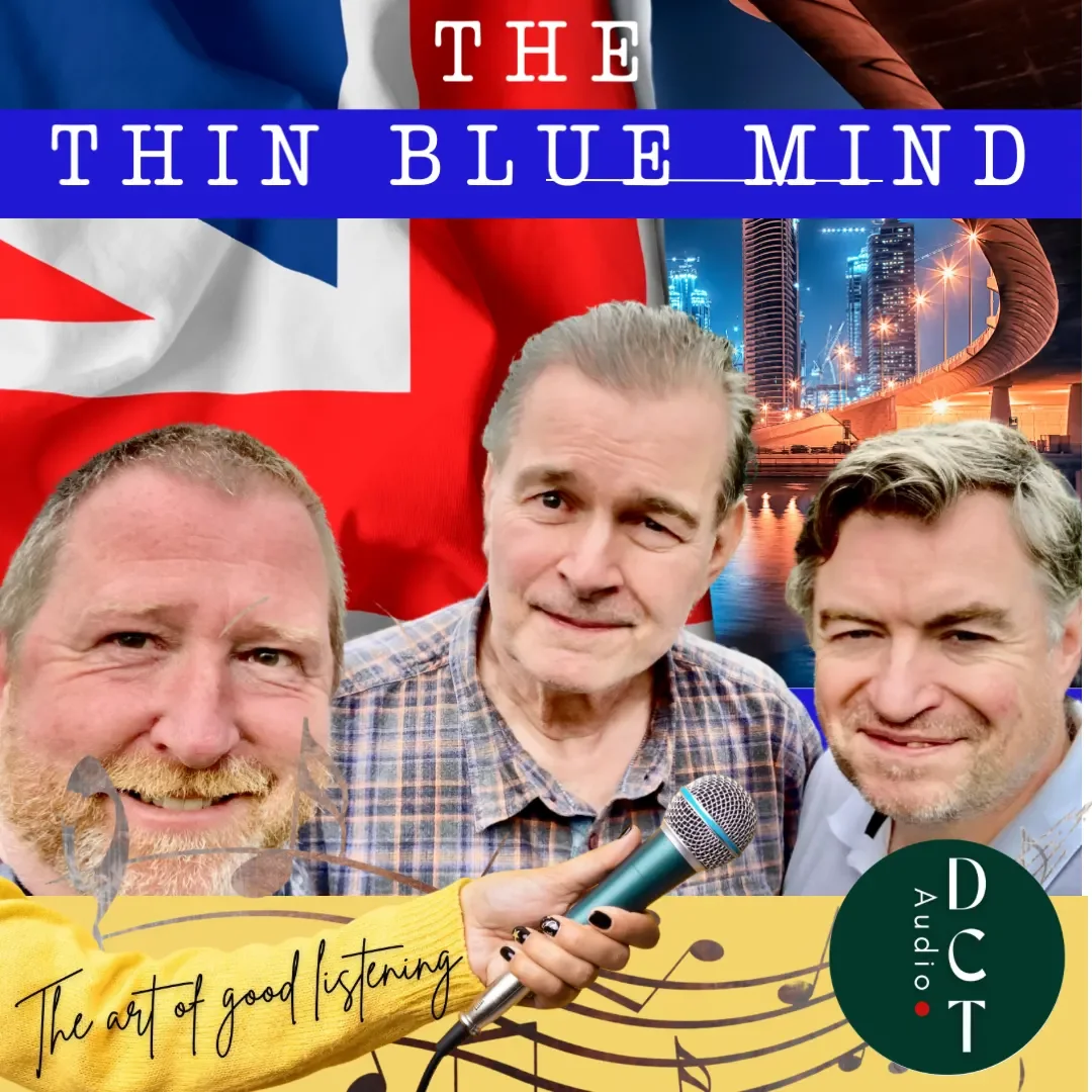 Cover image of a podcast titled "The Thin Blue Mind" featuring three men, a microphone, a U.S. flag, a city skyline, and the DUT Audio logo with musical notes and the tagline "The art of good listening."