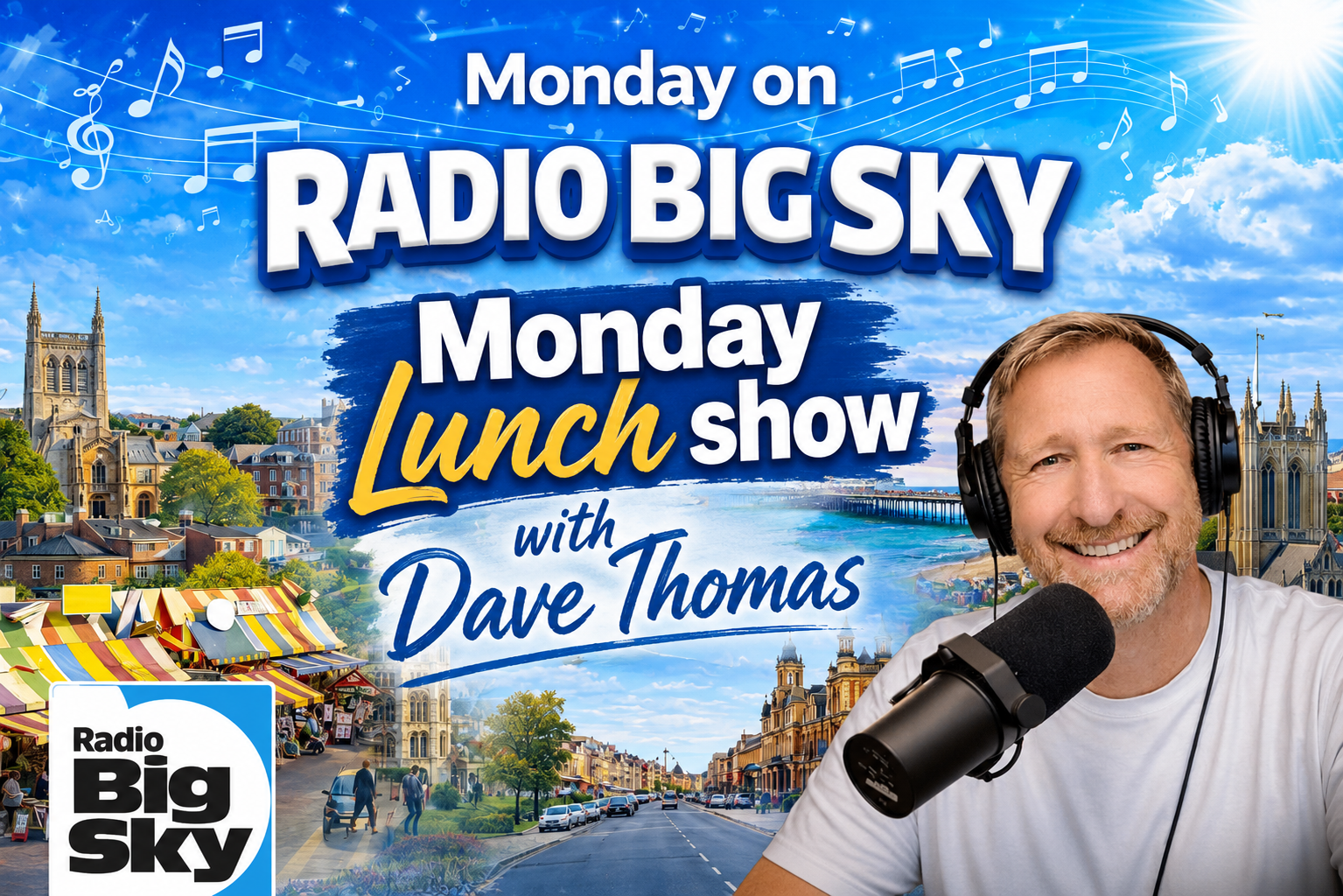 Promotional graphic for Radio Big Sky featuring a smiling man with headphones and microphone, a cityscape with historic buildings, a river, and an outdoor market, with blue skies and musical notes.