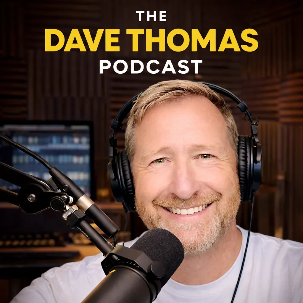 Smiling man in a recording studio with headphones speaking into a microphone, promotional cover for The Dave Thomas Podcast.
