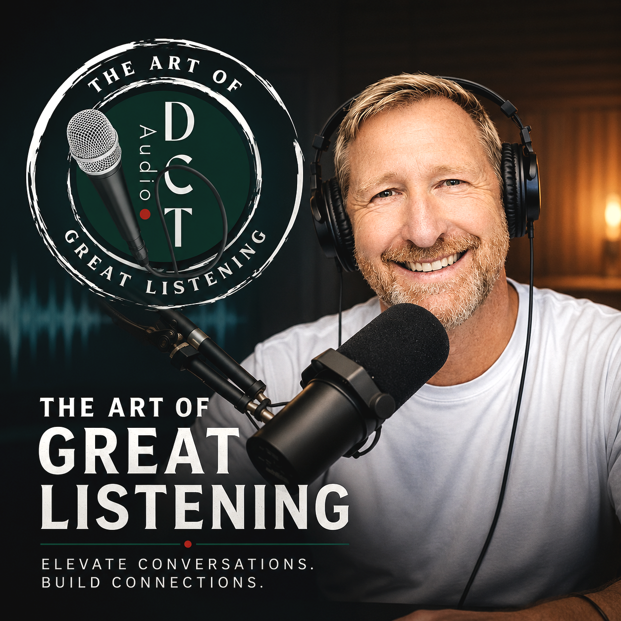 Promotion graphic for a podcast titled "The Art of Great Listening" featuring a smiling man wearing headphones and speaking into a microphone in a recording studio.