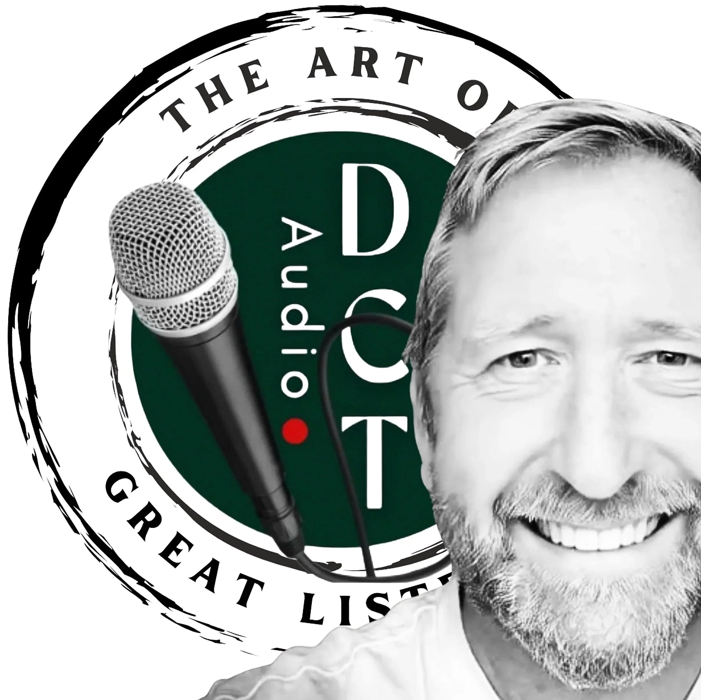 Black and white photo of a person's face with ear and part of a gray beard, with a logo featuring a green circle, a microphone, and text surrounding the logo.