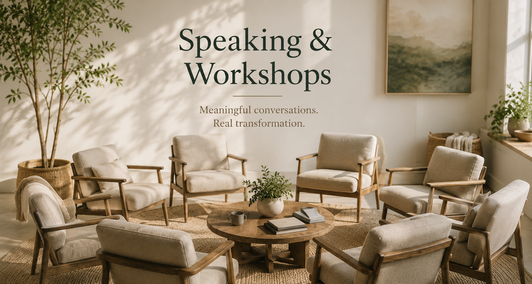A cozy conference room with beige armchairs arranged in a circle around a round wooden table, decorated with a green plant and notebooks. The room has a large potted plant in the corner, a landscape watercolor painting on the wall, and sunlight streaming through a window.