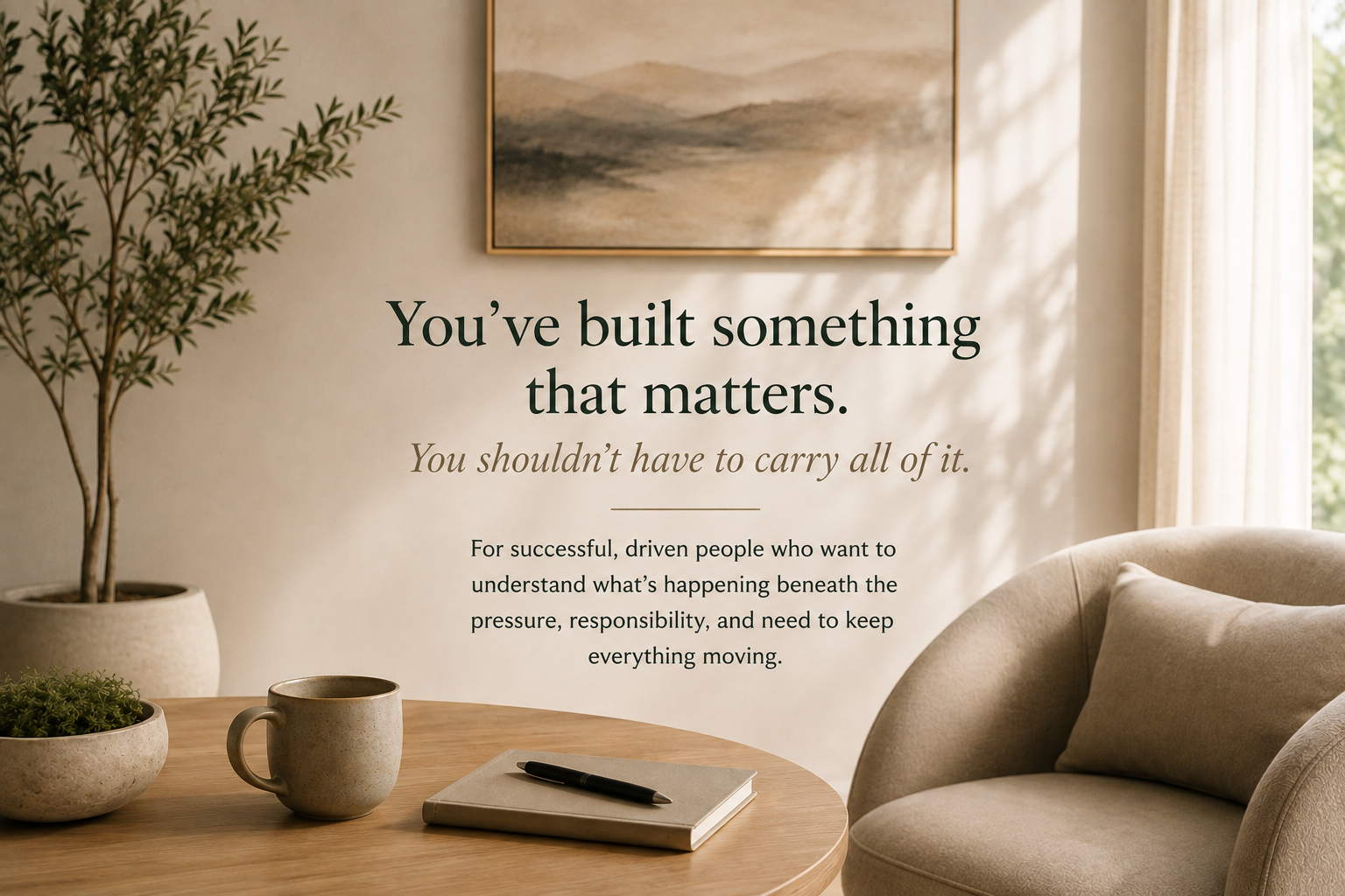 Decorative interior with a round wooden table holding a notebook, pen, two ceramic mugs, and a plant. There is a beige armchair and a large wall art with a motivational quote about building something that matters.