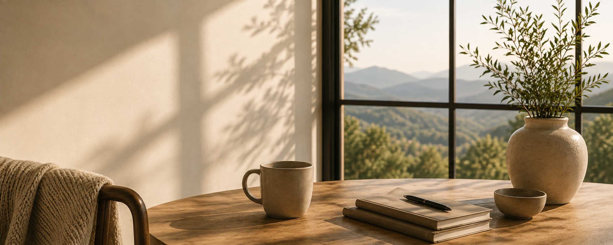 A wooden table with a beige coffee mug, a black pen, a closed notebook, a small bowl, and a large vase with green foliage. Behind the table is a window showing a scenic view of mountains and trees, with sunlight casting shadows on the wall.