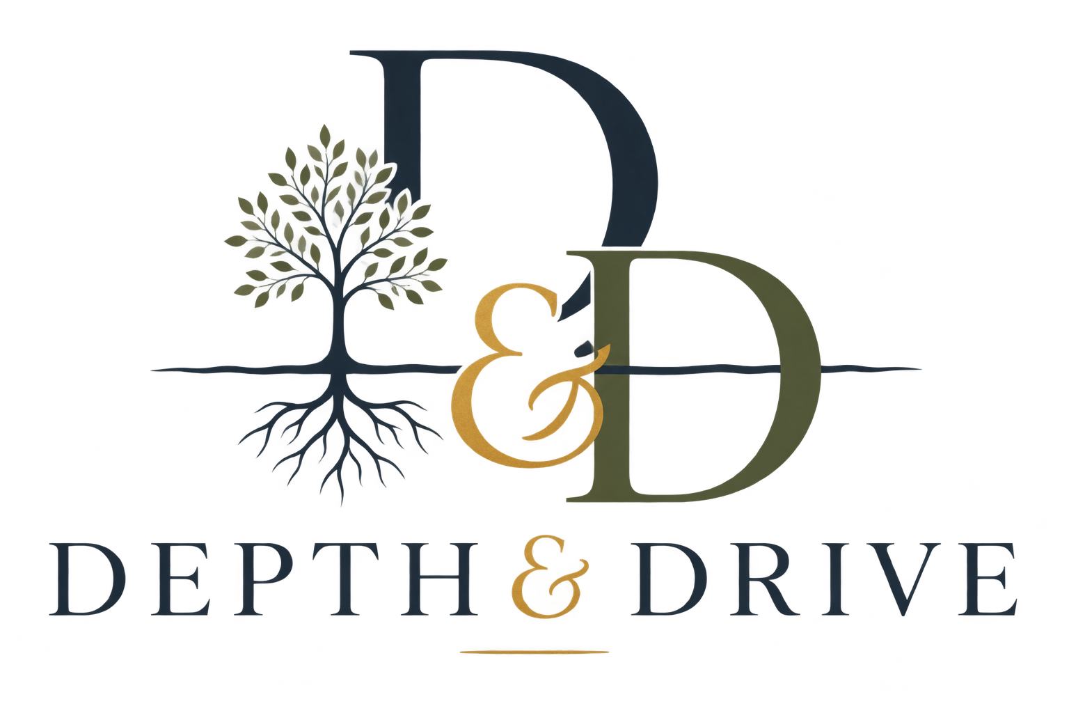 A logo with a tree, a luminous ampersand, and the words "Depth & Drive" in a dark background.