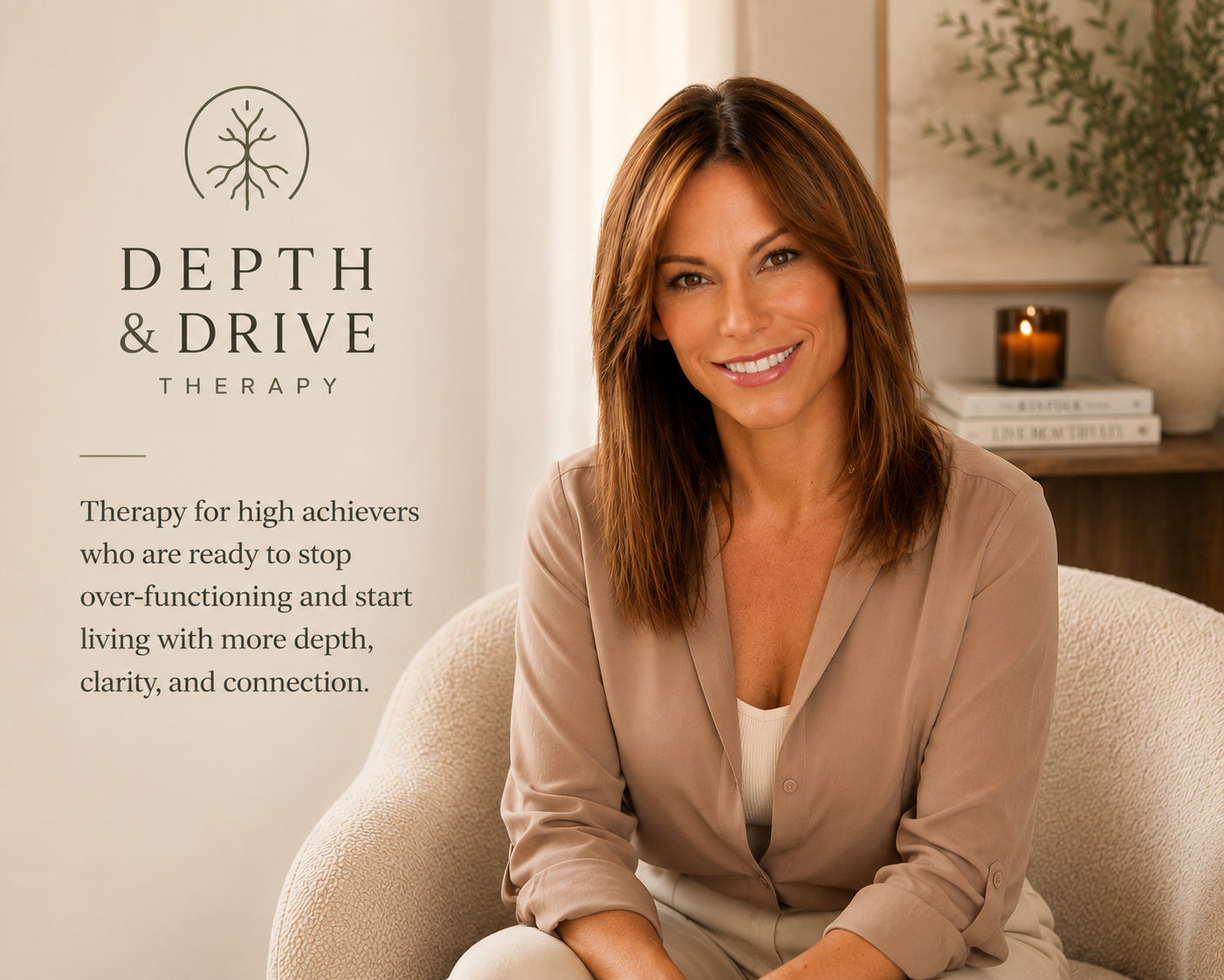 A woman with shoulder-length brown hair smiling and sitting on a beige armchair in a cozy room with a bookshelf, a candle, and a decorative plant in the background. Text on the image reads "Depth & Drive Therapy" and describes therapy for high achievers to stop over-functioning and live with more depth, clarity, and connection.