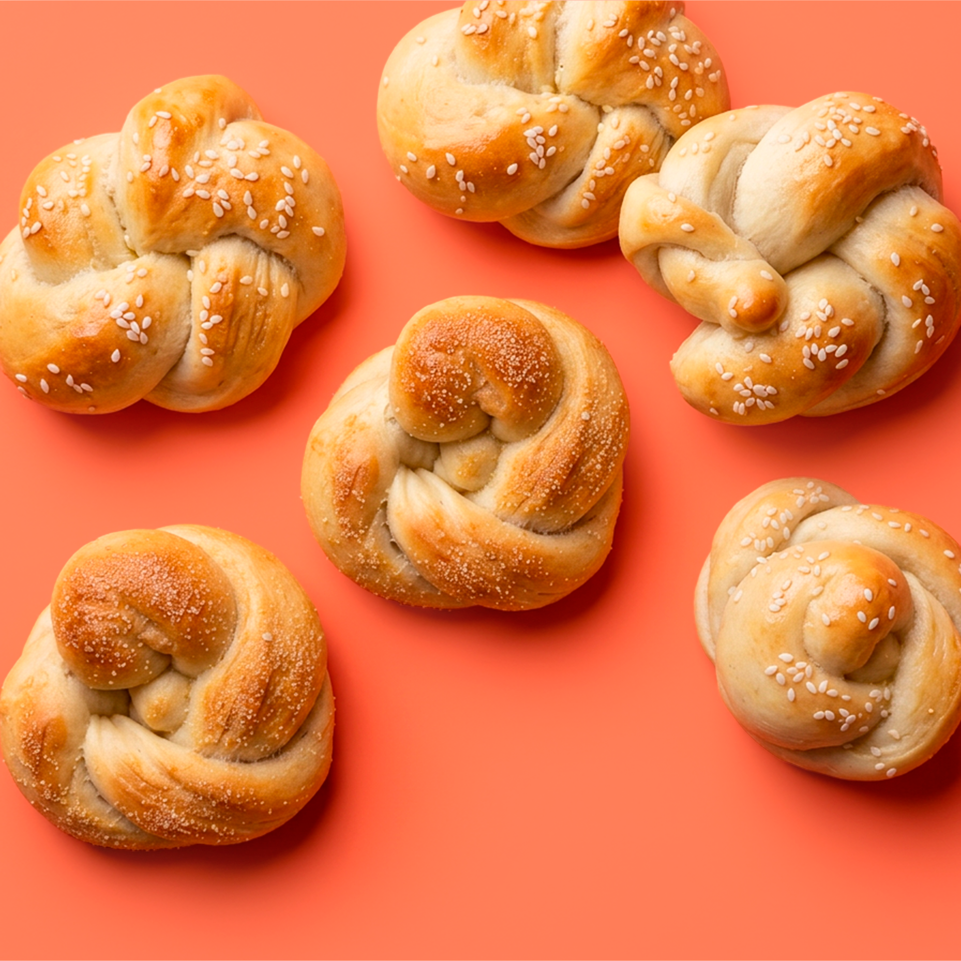 Vijf ambachtelijke melkknopen met verschillende toppings op een warme koraaloranje achtergrond
