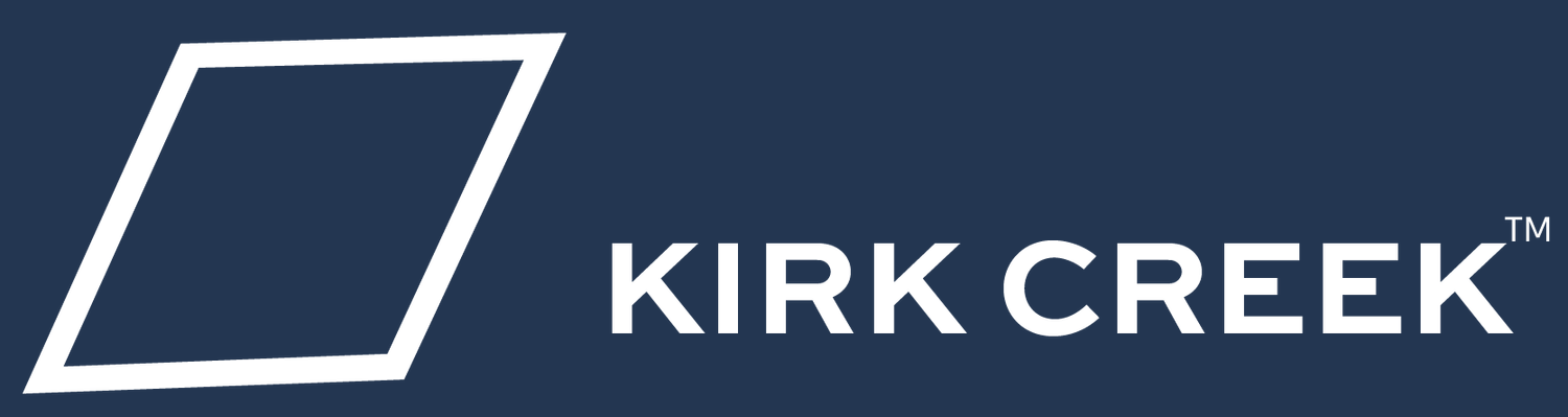 A logo with a tilted square outline and the words 'KIRK CREEK' on a dark blue background.