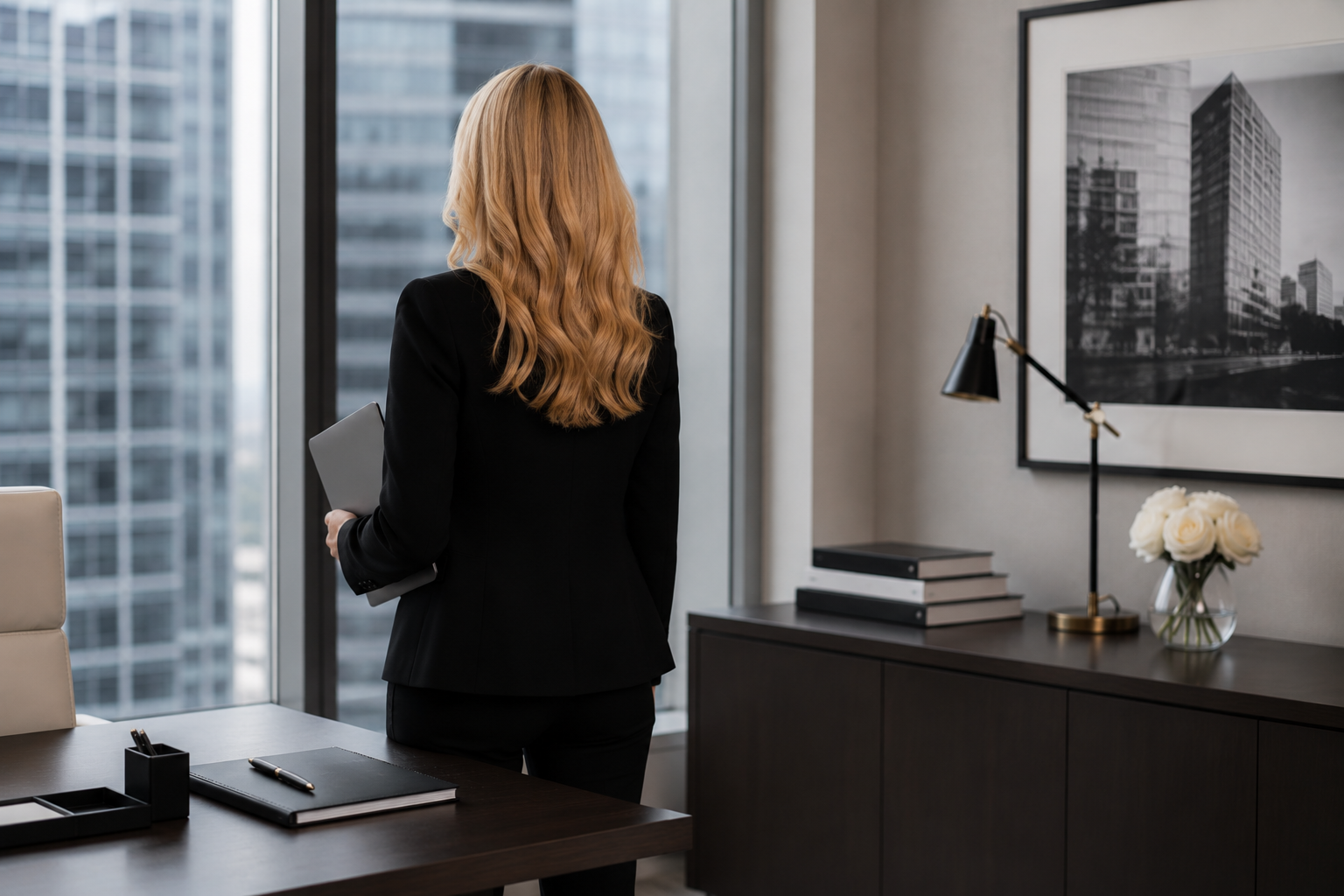 A woman with long, wavy blonde hair in a black suit, holding a laptop, stands in a modern office by a large window with a city view.