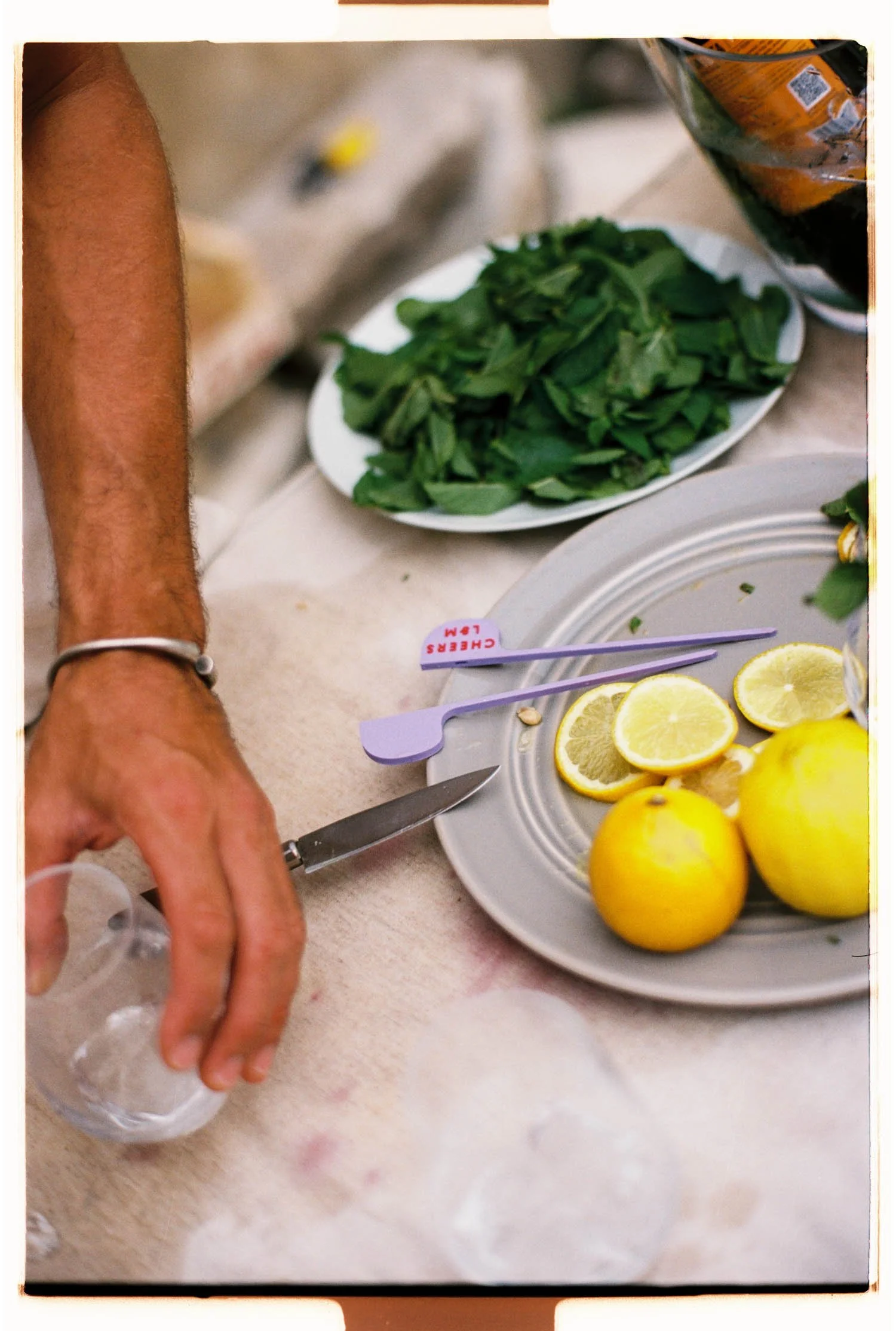 Close-up of a wedding cocktail. A person's hand holding a small glass, with a knife and sliced lemons on a plate nearby, and fresh basil leaves on a white plate in the background.