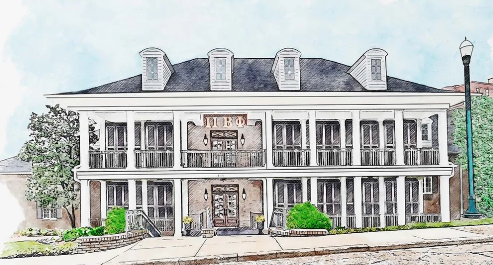 Drawing of a two-story building, possibly a fraternity house, with a porch, balcony, and dormer windows on top. There are plants and trees in front, a sidewalk, and a streetlamp to the right.