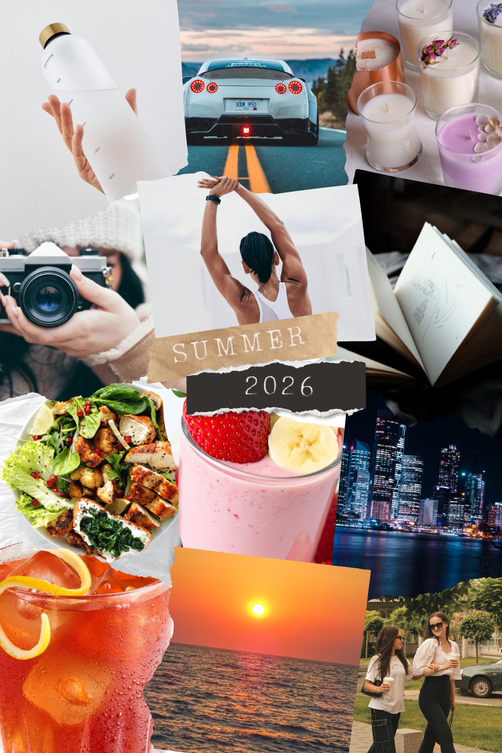 Collage of summer 2026 theme, including a white sports car, candles, a woman stretching outdoors, a camera, a fresh salad, a strawberry and banana smoothie, a sunset over the ocean, cocktails, city skyline at night, and two women walking with coffee.