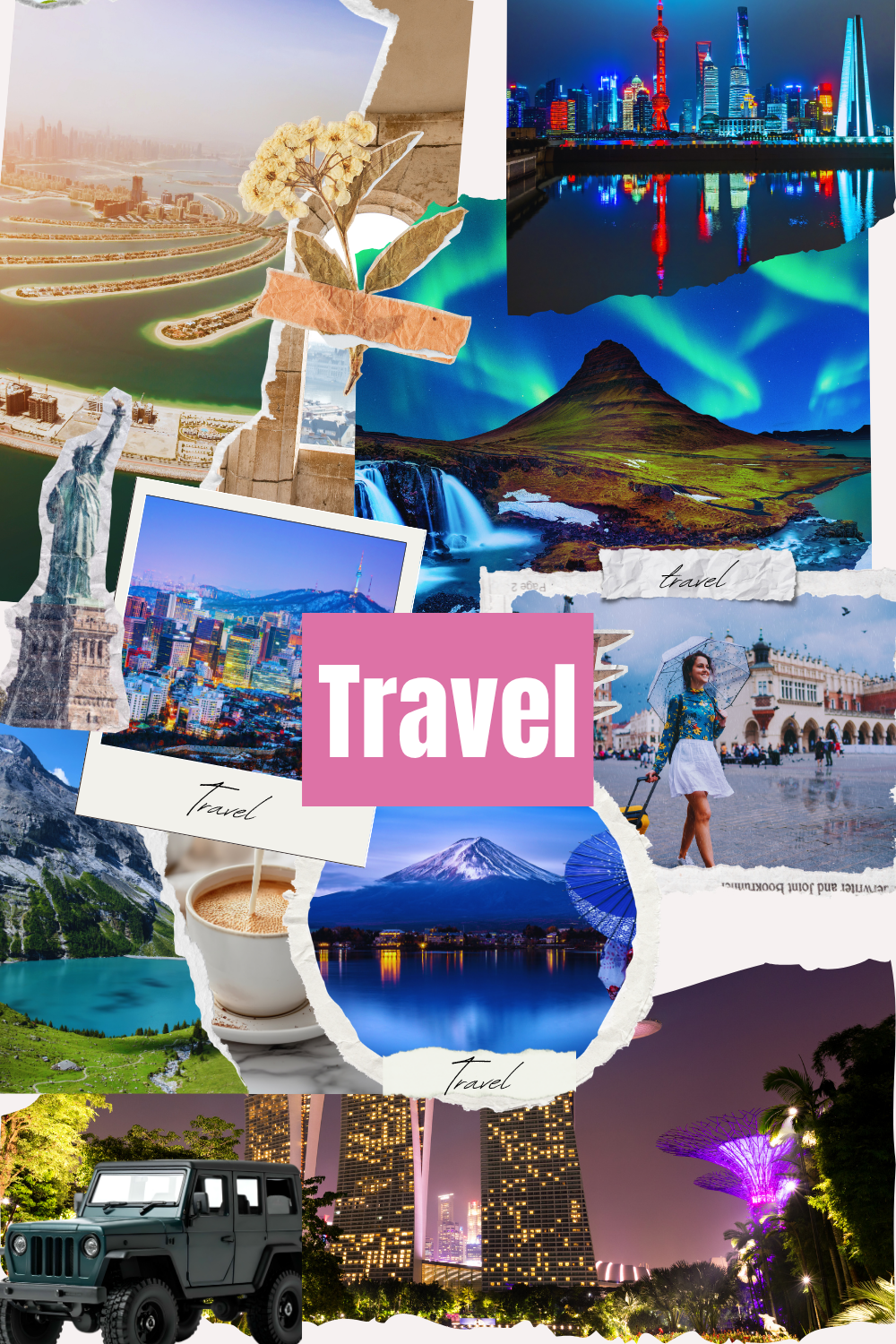 Collage of various international travel scenes including city skylines, natural landscapes, iconic landmarks like the Statue of Liberty, Mount Fuji, and tropical scenery, with the word "Travel" in the center.