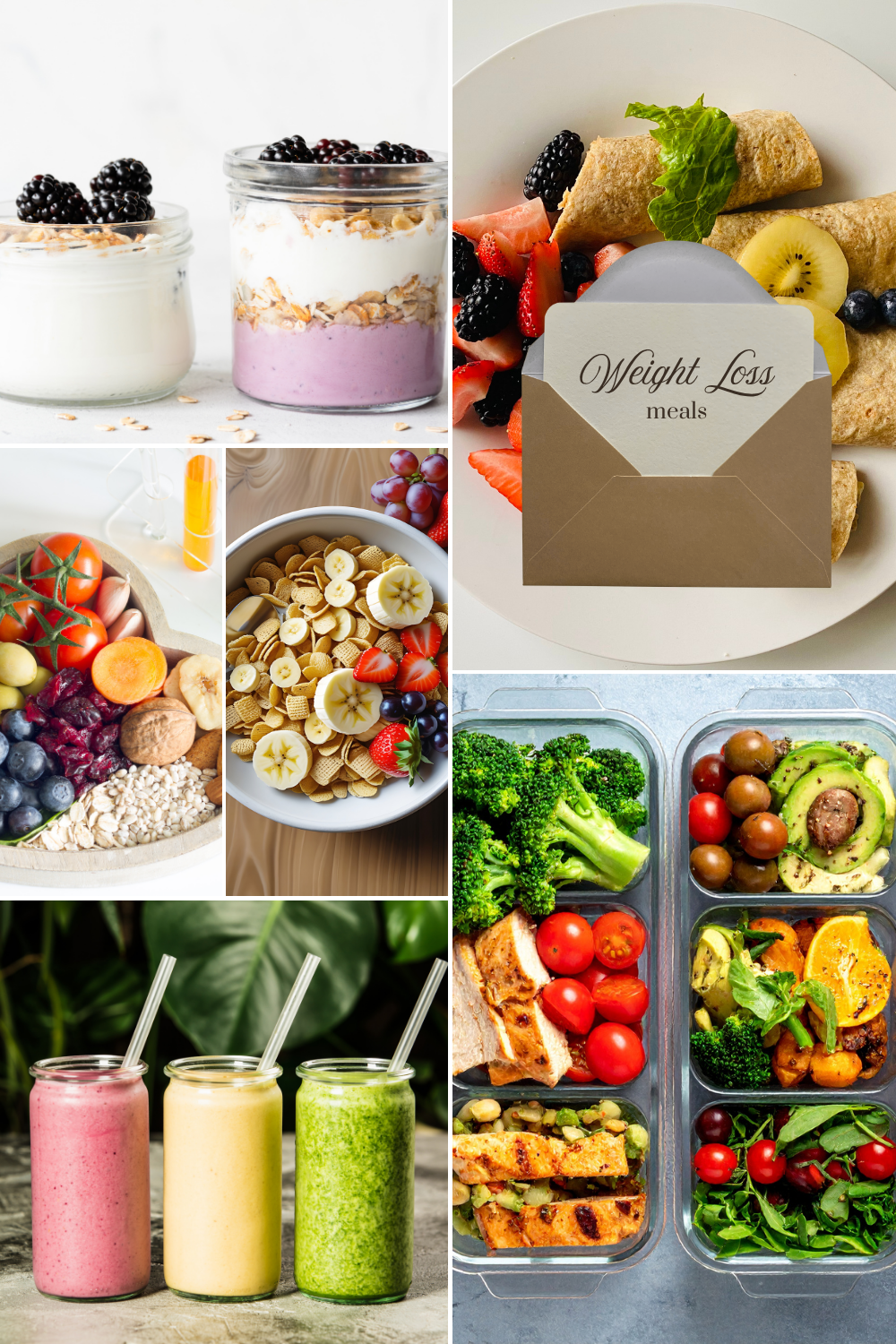 A collage of healthy foods and meal prep items: yogurt parfaits with blackberries, a fruit bowl with strawberries, bananas, grapes, and almonds, a vegetable and fruit snack box with cherry tomatoes, broccoli, avocado, and carrots, smoothies in glass jars, and a plate labeled "Weight Loss meals" with berries, rolled crepes, and a salad.