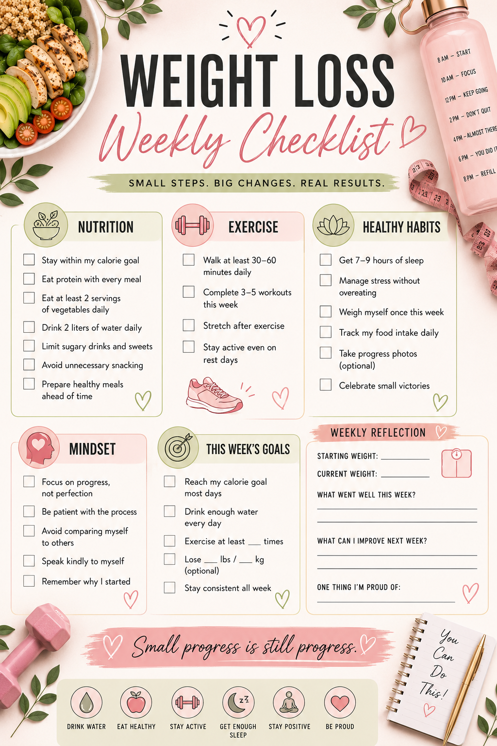 A weekly checklist for weight loss featuring sections on nutrition, exercise, healthy habits, mindset, and weekly reflection. Includes motivational icons, a plate of healthy food, a pink water bottle, pink dumbbells, and a notebook with a pen.
