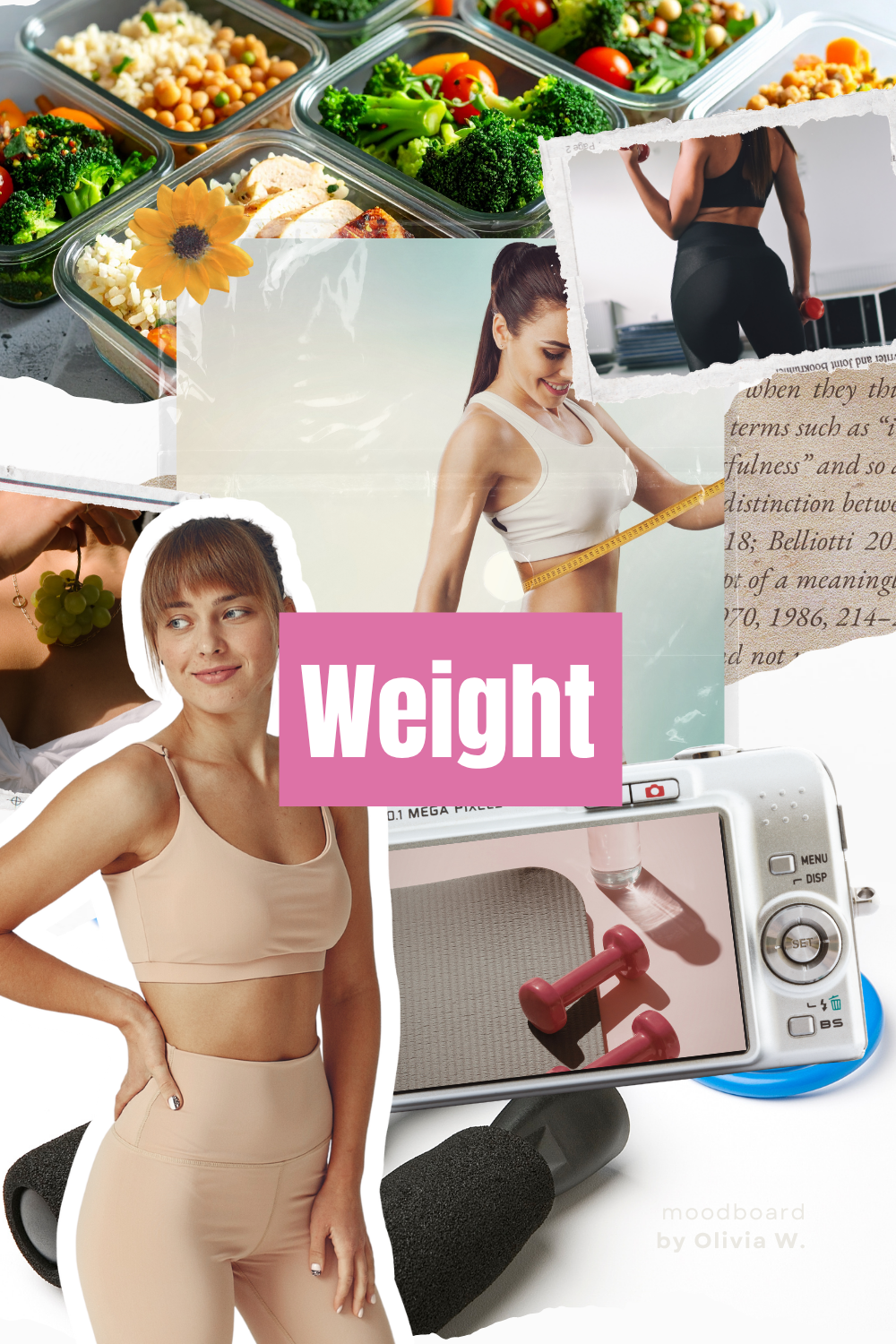 Collage of images showing healthy foods, a woman measuring her waist, a woman with grapes, fitness equipment, and a camera with pink dumbbells. Overlaid with the word "Weight" in pink.