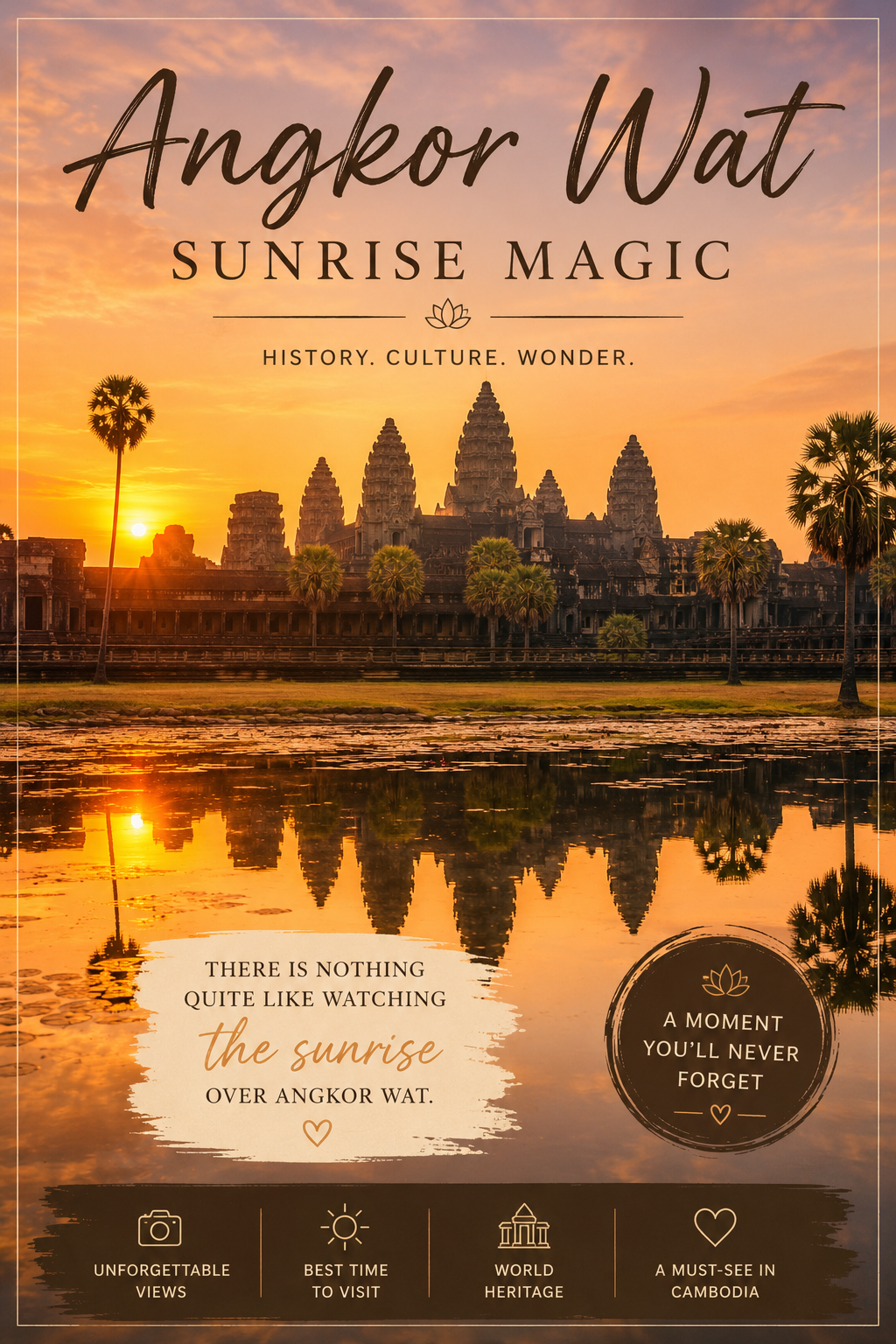 Sunrise over Angkor Wat temple with reflection in water, palm trees in the foreground, promotional text about the historical site, culture, and wonder of Angkor Wat, Cambodia.